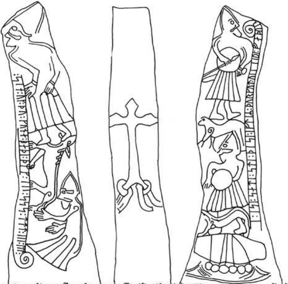 Fig. 8:1. Ledberg church: late-1oth century rune stone with a Christian cross, commemorating Thorgaut and depicting the death of Odin. Drawing by Conny L.A. Petersson (1982:73-74).  terial was re-used from earlier wooden buildings 
