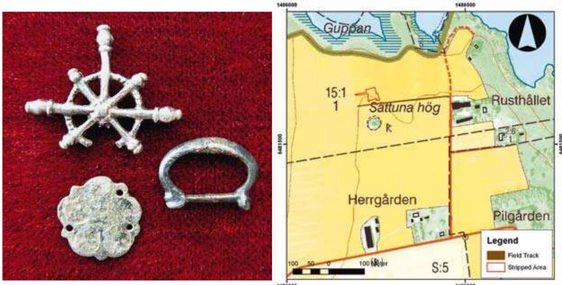 Fig. 9:5. Hov church: strap buckle, dress spangle (Sw. stron- ing), pewter cross diam. 36 mm; High and Late Middle Ages, c. 1250-1525. Photo mr.  Fig. 9:8. Sattuna in Kaga: location of the 2008 trench. Map by Petter Nyberg. 