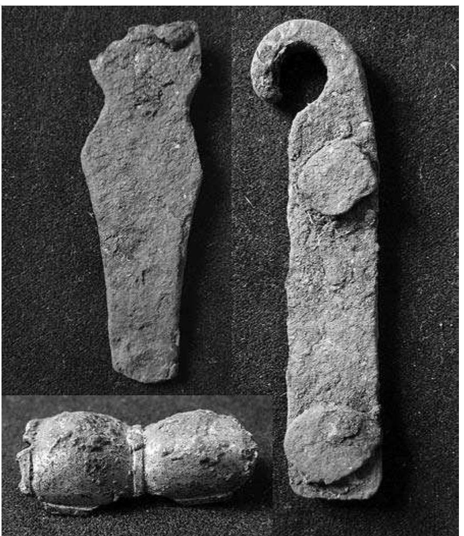 Fig. 9:36. Sverkersgarden at Alvastra in Vastra Tollstad: loop mount for a seax scabbard length 76 mm, strap end for a bridle and gilded copper-alloy fragment. Early/Middle Vendel Period, c. AD 600. Photo MR.  no trace of fire damage though the grave Fro- din found was a cremation. We thus appear to be dealing with a mixed-rite cemetery.  no trace of fire damage though the grave Fr6- din found was a cremation. We thus appear to b  ee ee a re 
