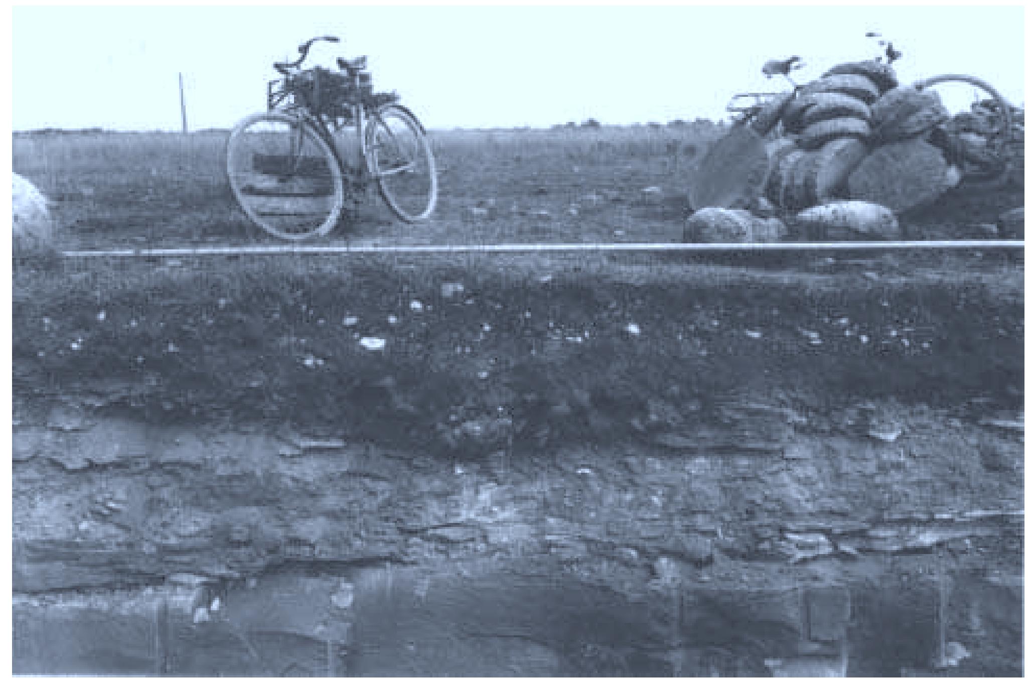 Fig. 2:1 The eastern edge of the northernmost modern quarry of Uddvide in cemetery section 4. The section illustrates the area‘s stratigraphy: sandstone, limestone, quaternary gravel, a hearth, plough soil, turf, whetstones made in the quarry and the bicycles of two archaeologists. Photograph by Erik Bohrn 1936 (ATA neg. 2038:39).  The chronological ordering of graves as strictly gendered as these requires two sets of definitions for artefact types and period assemblages: one for the female graves and one for the male graves. Most of the female graves can be ordered in a chronological series spanning the entire Late Iron Age on the strength of the well-understood main developmental sequence 
