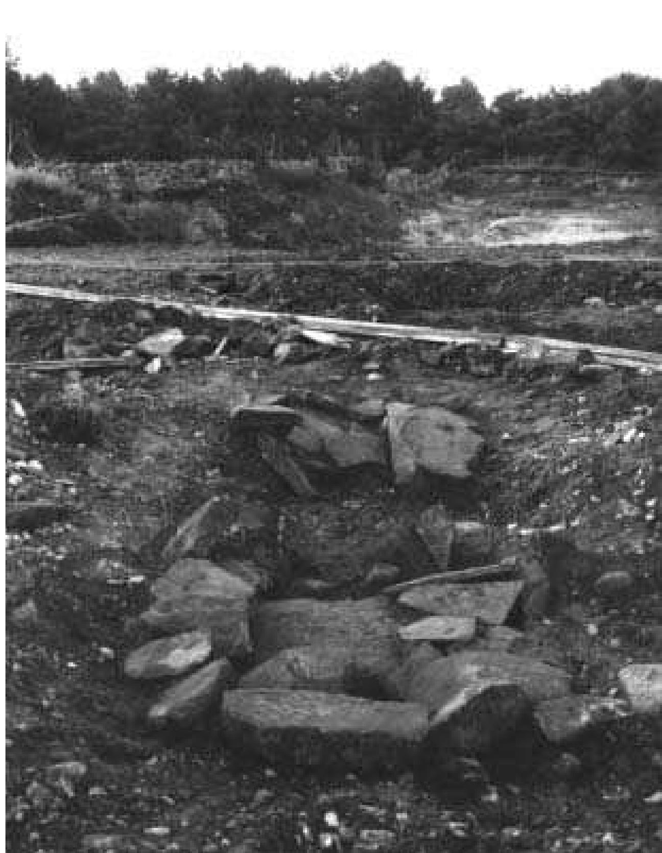 Fig. 3:6 Bhr 1935:04 in cemetery section | seen from the N during excavation. Beyond the grave is the area traversed by AB Vagforbattringar‘s gravel extraction until 1934 and the fenced breach from the parish section of the pit where gravel extraction began in 1927. The area beyond the stone wall to the left still remains as an island in the gravel pit. Photograph by Marten Stenberger 1935 (ATA neg. 1833:27).  Fig. 3:6 Bhr 1935:04 in cemetery section | seen from the N during excavation. Beyond the grave  Hansson’s handwritten report, numbered ATA 4043/1927, is accompanied by several plans and photographs. Hansson was assisted by the artist Ture Carlson (1895-1967), who drew excellent plans and sections, and photographed the excavated graves. The AB Vagférbittringar area is covered by a grave lo- cation plan. Carlson also drew a smaller-scale plan of the whole of cemetery section 1, the first plan covering such a large por- tion of the cemetery. However, it is rather impressionistic in its depiction of individual graves away from the excavations and gravel pits. Nihlén drew a more accurate plan four years later. 