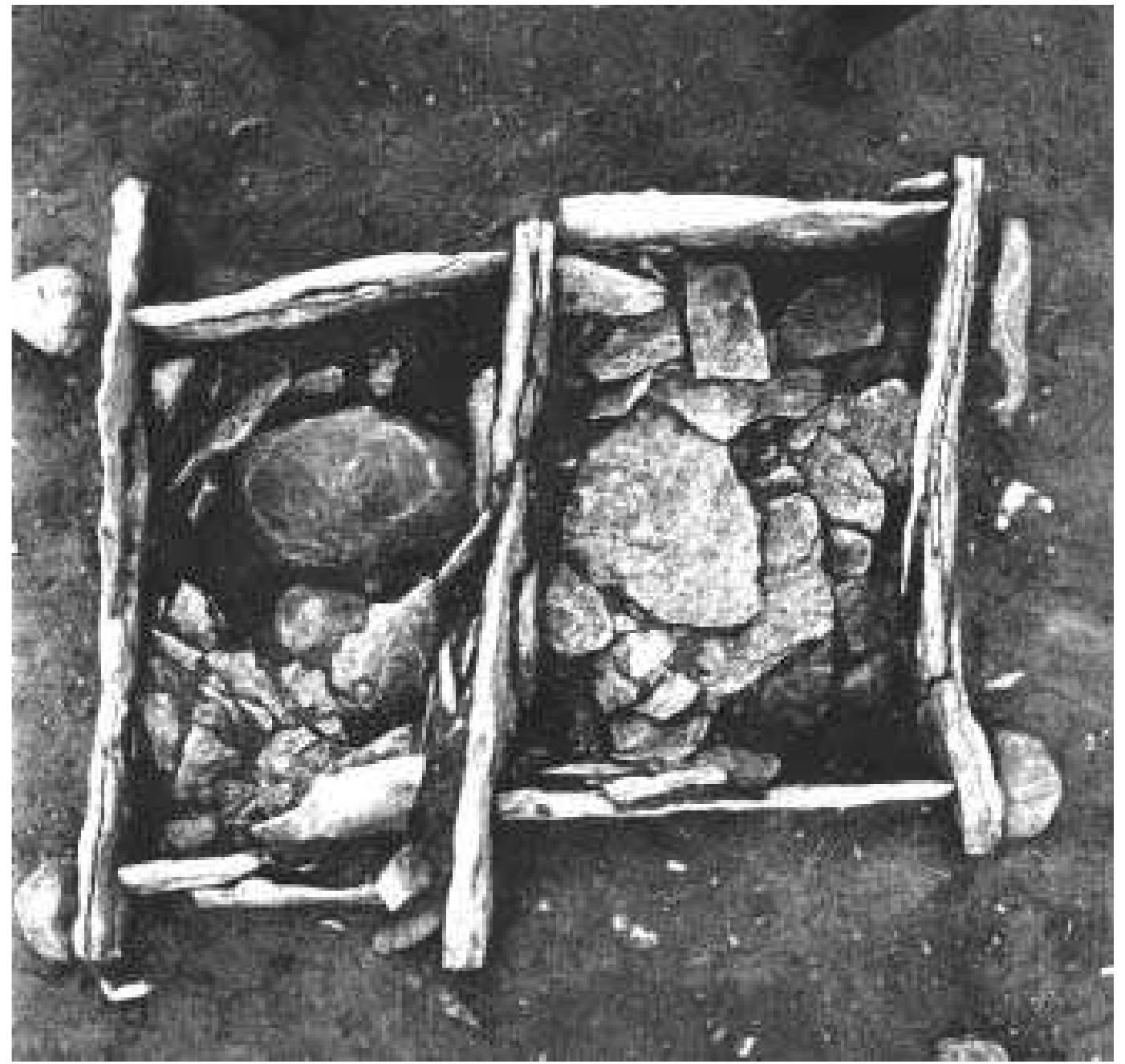 Fig. 6:1. Bhr 1967:12-13. Migration Period. Two joined limestone slab cists. Cover stones removed,  exposing the collapsed lid flakes. Max internal length 80 cm. Photograph by Gustaf Trotzig 1963 (ATA).  By the end of 1971 in terms of excavations conducted by profes- sional archaeologists and 1997 regarding finds made by ama- teurs, Barshalder had produced 67 securely provenanced assemb- lages that included artefacts dated using the typology of VWG to the Migration Period, in other words to Montelius period VI (table Ga). A total of 55 of these are more or less well-docu- mented grave assemblages. Barshalder aside, Fide and Grétlingbo parishes produced 16 securely provenanced assemblages that included Migration Period artefacts (excluding hoards, see the index in section 13.1). Many of these were probably originally looted from the cemetery itself: The Barshalder cemetery finds appear to be evenly distributed across the entire period. Further Migration Period finds of early date were made in cemetery sec- tion 4 (Uddvide quarry) during rescue excavations there in the mid to late 1970s and 1980s (see section 3.1.43). The only indi- cations of Migration Period burial at other sites in the vicinity  All the objects from Bhr 1930:07 came from a 275 x 275 x  One point of source-criticism should be noted. Bhr 1930:07 (VWG grave 159) is a uniquely opulent find combination but was inexpertly excavated. Both Nerman (VWG) and Nasman (1970, 1972) regarded the find combination as questionable, although for different reasons. The crossbow fibula and gold bracteate combined with weapons apparently offended Ner- man’s gender sensibilities: “Perhaps one male and one female grave? Or a double grave for a man and a woman?” (VWG p. 113). Nasman reluctantly set it aside as useless on source-criti- cal grounds. Since then, however, new information has come to light that permits its use in combination studies. 