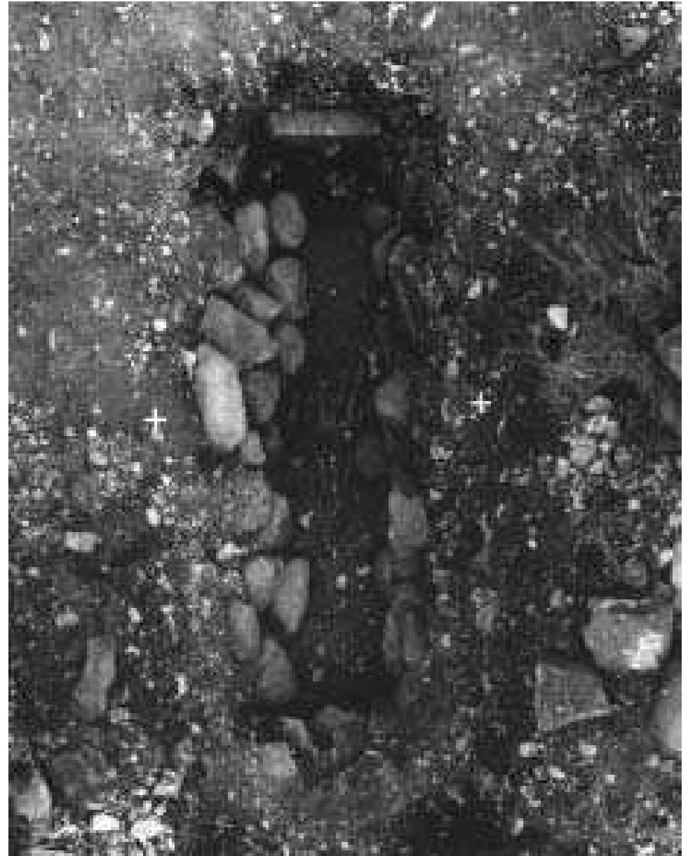 Fig. 8:3 Bhr 1966:12.LateViking Period. Inhumation trench with igneous drystone walls and sandstone end slab. Length c. 3.0 m. Photograph by Gustaf Trotzig 1966 (ATA). 