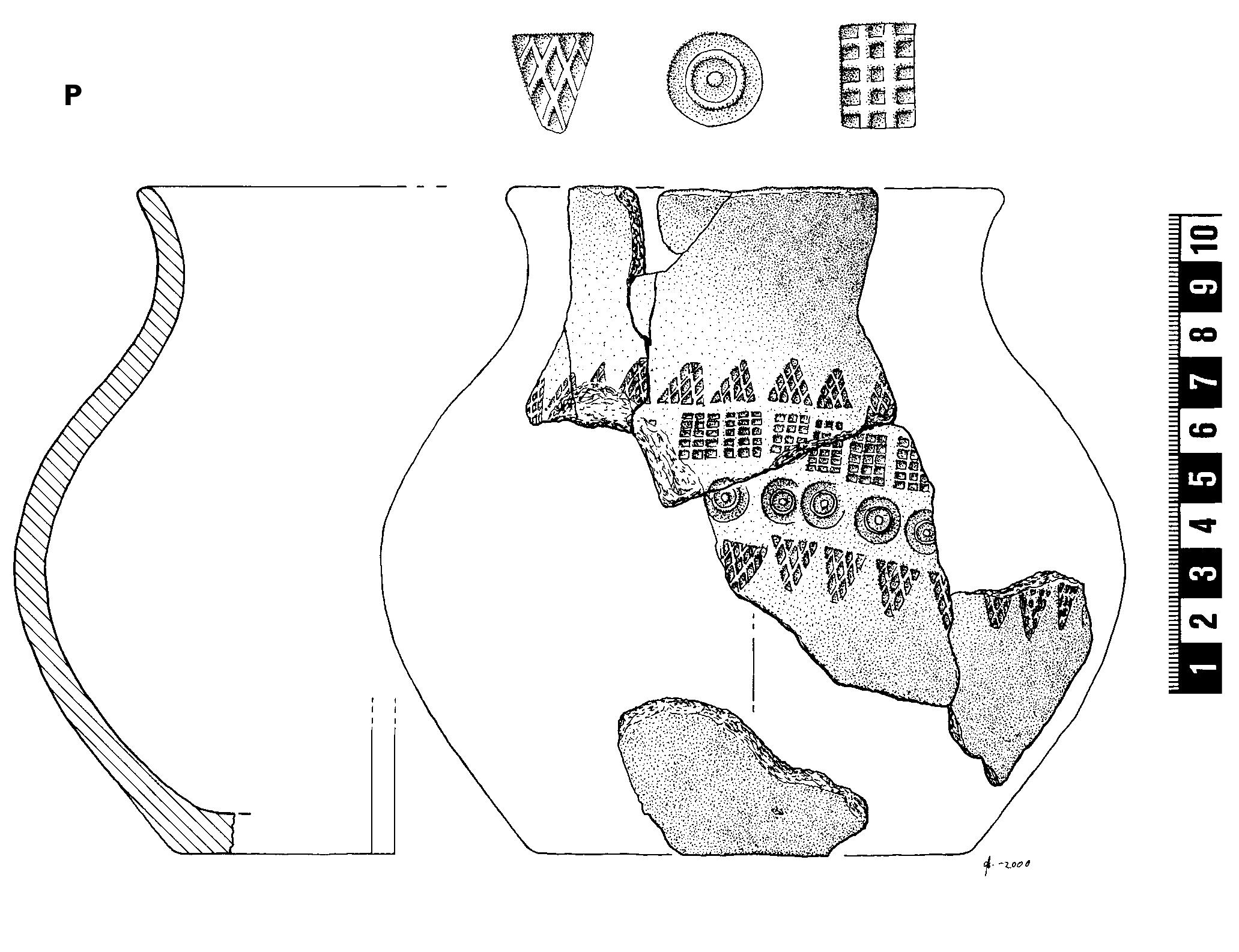 Fig. 10:12. Bhr 1960:11. Pot drawn by Cecilia Bonnevier.  half of the same pit as Bhr 1960:15, a crema- tion layer 140 x 60 x 15 cm with sandstone and igneous covering stone layer 130s x Lats cm.  transversals, also on end plates. Orig burnt | c. 160 mm. Max orig grip rib w c. 20 mm. Alternating iron (prob orig 7) & bronze (prob orig 3) rivets. Domed bronze spangles held by bronze rivets. Loose: 2 bronze rivets, 2 spangle frags, 1 iron rivet. Spangle diam 9 mm, one 12 mm. Many frags found by oste- ologist. Further frags fitting with these found in Bhr 1960:15.  BD: Cremation 9 litres, 6158 g. 1 adult male- 