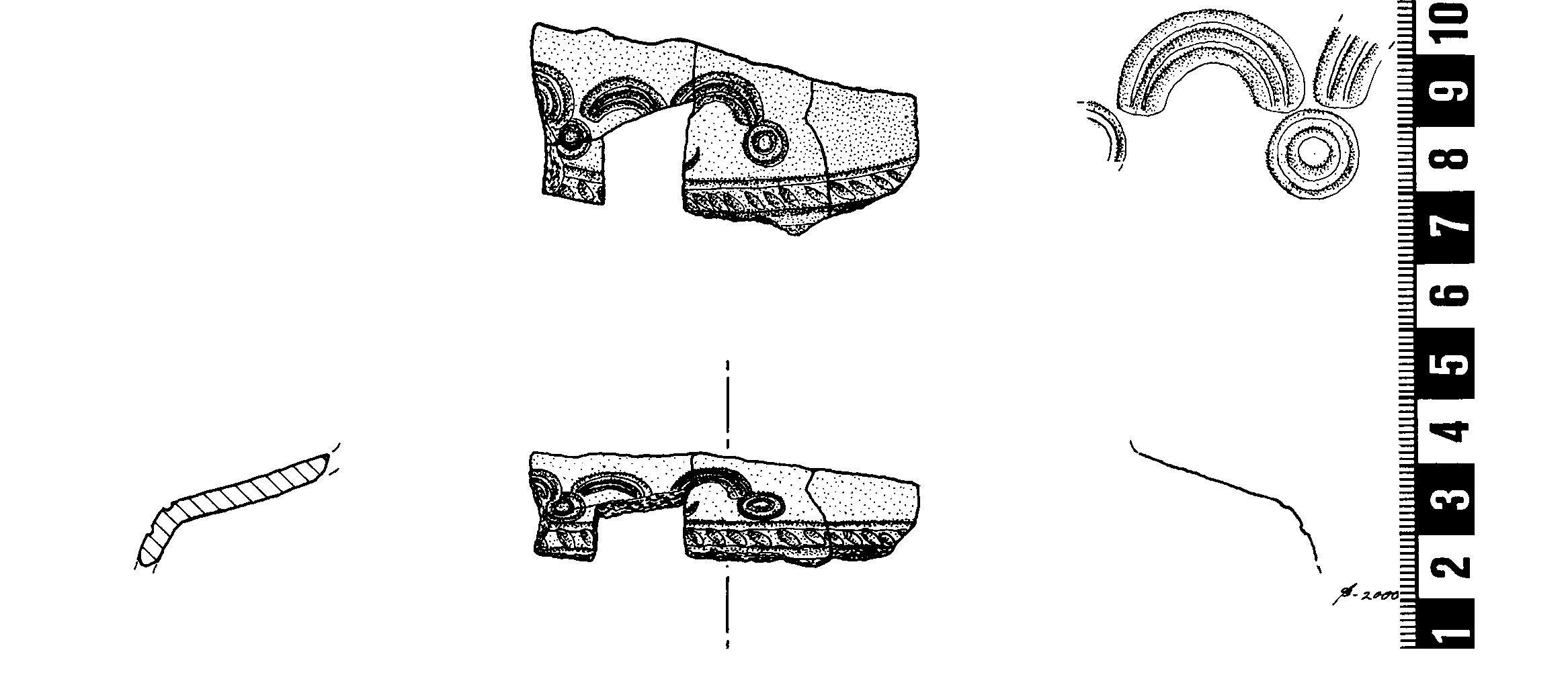 Strap buckle. Type smbova3. Cf. VWG 164, 254, 572, 573, textfig. 32, per VI:1-2. Cast frame, tongue and fastening plate held to- gether with a bronze axis. Bronze washers at ends of axis. Openwork plate with two back- to-back stylised animals. Herringbone inlay band on plate at hinge. Part of plate missing, apparently due to wear. Orig 4 domed-head ornamental rivets, 1 extant. Counterwashers missing. L tot 74 mm. Plate w 28 mm. Found  in W half.  with line ornament. 1 with remains of counterwasher. Strap w >16 mm. Span 4 mm. Found in E half.  BD: Cremation c. 0.9 litres, 574 g. 1 juve- nile or adult prob male-sex human. 1 horse. 1 adult dog. 1 adult seal, prob Neolithic. (Re- port VIII, Larsson 2000.) 