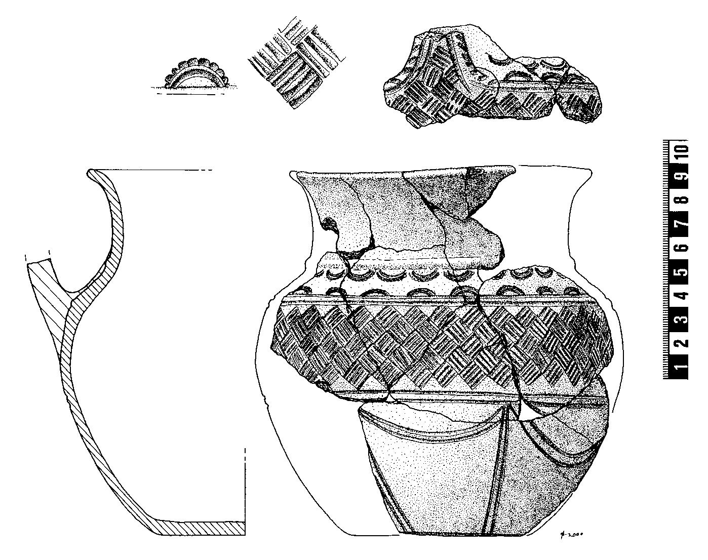 Fig. 10:28. Bhr 1967:33. Drawing by Cecilia Bonnevier.  Unburnt animal bones. Frags, 101 g. 1 adult  tom, handle. Medium-finely tempered brick red ware. Stamp ornamented with 2 stamps. Shoulder marked with a double horizontal line. Above it a zone delimited upwards by a thin moulding, containing 2 antithetical hori- zontal rows of a cogged crescent stamp. Be- low the shoulder a zone delimited downwards by a double line, filled with a basketwork pat- tern consisting of a repeated square stamp with 4 raised parallel lines. Below this zone ornamentation made with double lines: sec- tors with “hammocks”. Handle line orna- mented, not pierced. Rim diam 130 mm. Max bulb diam 166 mm. Bottom diam 75 mm. Height c. 155 mm. Found scattered in  N half of cist and over S half of mound.  a < @ 