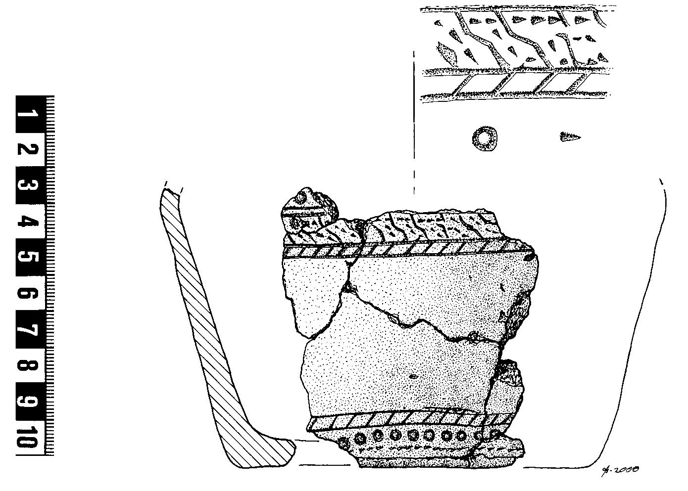 Comb. Frags, 10 grip rib + 1 end plate + 8  Pot. Fig. 10:29. Frags, incomplete, recon- structible up to the shoulder. Coarsely tem- pered ware, grey on the outside and terracotta on the inside of the pot, 6 mm thick. Shoul- der, straight inward-sloping wall with a rounded transition to the flat bottom. Stamp ornamented with 1 stamp. Ornamentation in >=2 belts; >=36 mm wide covering shoul- der and 14 mm wide along base; made up of single-line-delimited belts diagonally hatched in alternating directions, rows of stamped circles diam 3.5 mm, single-line-delimited  Silver spiral bead. Made from triangular cross- section silver wire. L 19 mm. Diam 3.5 mm. >=78 beads. Petré 1984 type P3 or P4. Very badly melted and partly fused into lumps. >=39 amorph red. >=16 amorph indet colour. 13 wedge brl limestone. 2 cyl lime- stone diam 12 mm. 2 cyl limestone diam 7 mm. 2 brl red. >=2 amorph tluc green. 2 obl cyl limestone diam 8 mm of which one was found by the osteologist in 2001.  wi ee 