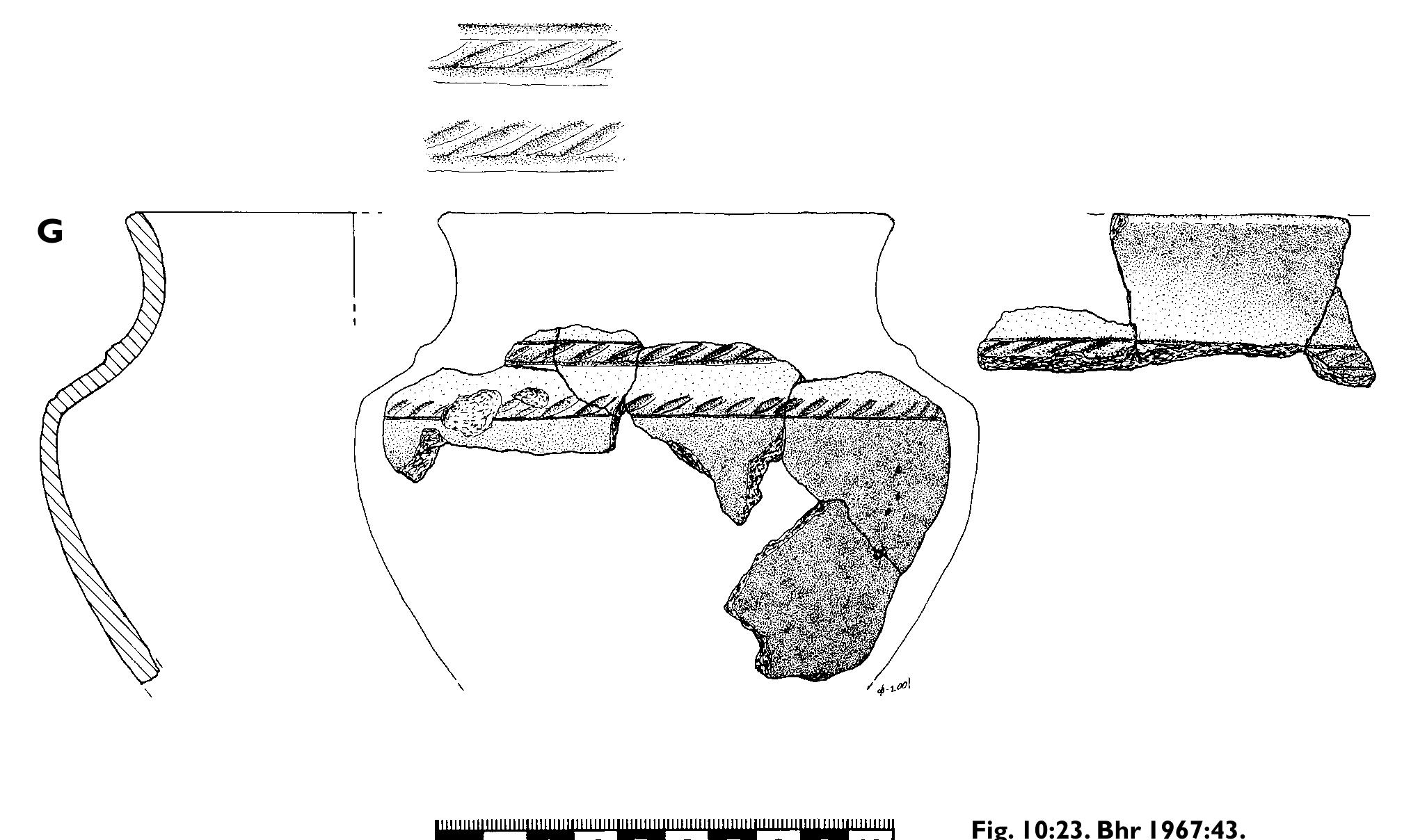 Turned-out rim, neck, shoulder, gently in- ward-sloping side, flat bottom. Line orna- mented. At the base of the neck a moulded rib, diagonally hatched with single lines. Shoulder diagonally hatched with single lines and delimited downward with a single line. Rim diam c. 110 mm. Shoulder diam c. 140 mm. Height >105 mm.  4 beads. 2 amorph red. 1 amorph tluc tur- quoise. 1 amorph pale blue.  Ss: Stone setting with double neatly dressed sandstone kerb, diam 4.15 m, w 50 cm, circles 10-20 cm apart. Neatly dressed sandstone in- ner stone circle, diam 2.55 m. The stones of the circles had been dressed to fit off-site and many marked at the ends by the stonemason to facilitate their assemblage at the burial site. They were collected and stored at the GE Remains of igneous stone central cairn inside inner stone circle. The space between the innermost and intermediary stone circle was filled with a selected igneous stone shingle pavement. Flat and not visible above the su- perimposed graves. SW edge covered by Bhr 1967:38-40. Greater part covered by house.  Is: Central sandstone slab cist 70 x 40 x 40 cm, 3°, with sandstone lid slabs. Greater part covered but not damaged by house.  BD: Cremation c. 0.5 litres, 297 g. 1 adult  1 1 * ae 1 t1sn  Bronze ring. Fig. 10:23 B. Partly melted. Cast. Non-cavetto. Prob from strap ring mount. Diam 18 mm. 