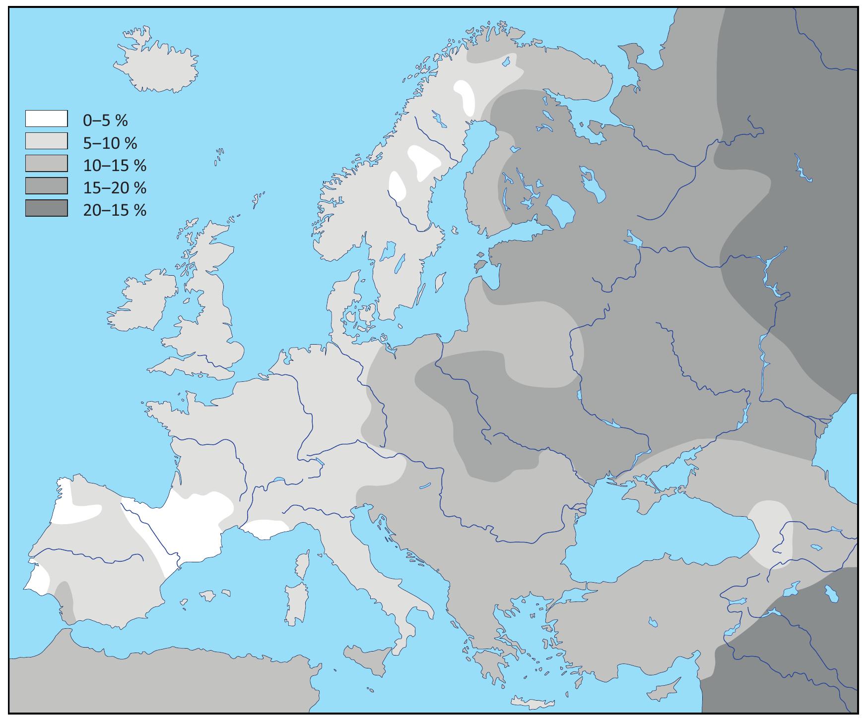 Fig. 4: Frequency of blood group B in Europe, simplified twentieth century distribution. How this map can be interpreted ts an interesting, but complex challenge because of several factors lying behind it: space as the most important factor and individual mobility as another (though social) factor; different time spans during which the actual distribution may have developed in different regions; and genetic drift as a biological cause. Therefore no simple explanation is possible (e.g., only immigration from the east or Asia) (draft: www.nap.edu/openbook/0309045878/xhtml/  images/img00013.jpg)  The approach resembles the analysis of blood groups made decades ago. Blood types appa- rently vary in their geographic distribution today (Fig. 4). How old these patterns are and  how they can be inter  preted, remains a disputed matter although geographic distance and  intensity of interactions are apparent. Sometimes the frequencies have been used use for the  oTreconstruction of the others have argued, b  spread of languages and migrations. As Luigi Luca Cavalli-Sforza and ood types would reflect the spread of Neolithic agriculture and alsc  that of the »>Indo-Europeans:, but this is only plausible when an accordance is principally  expected and assumed  — a self-fulfilling prophecy.** The assumptions remained disputable,  probably because many reasons lay behind the modern (!) distributions of blood characteri- stics, and they can hardly be arranged chronologically. 