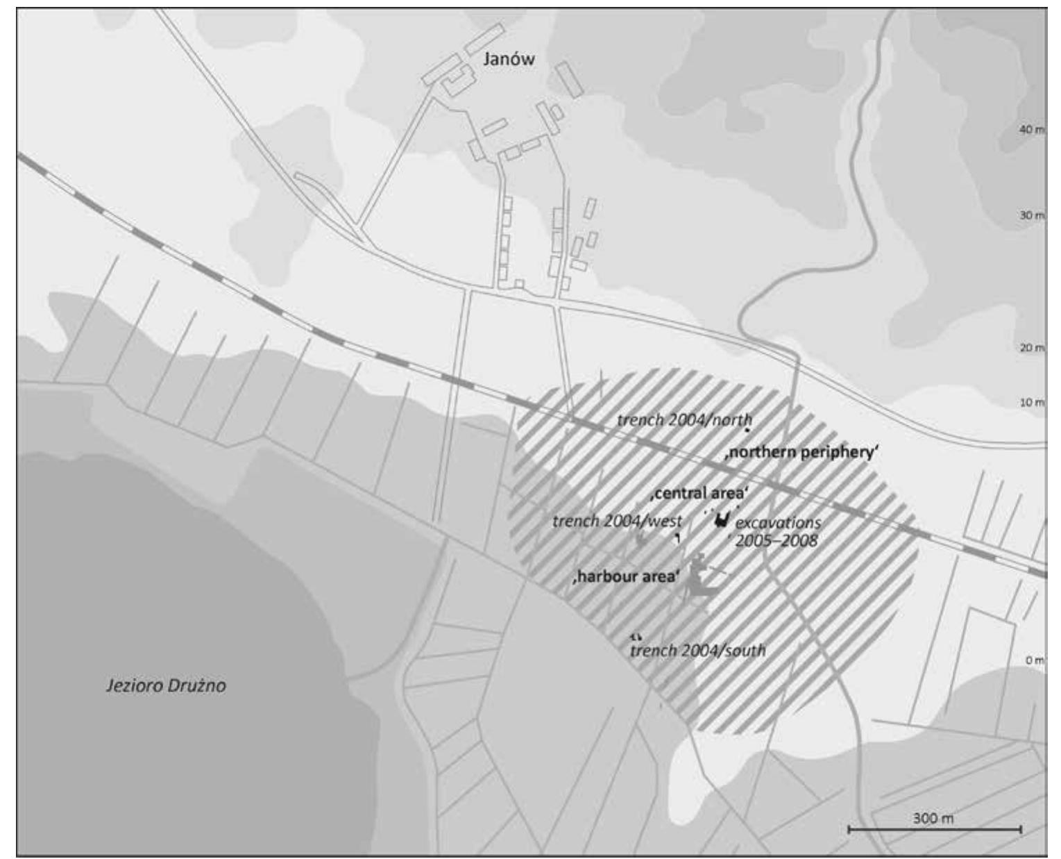 Fig. 1. Plan of Janéw Pomorski showing excavations of the last three decades  further research (cf. Bogucki and Jurkiewicz 2012).  Within the Adalbertus Program of the 1990's, geological research was carried out throughout the Vistula mouth, consisting mainly of a large number of drillings. Its results allowed the reconstruction of the former hydrological situation there (Kasprzy- cka 1999), but the continuous sea-level changes in the Baltic Sea must be kept in mind (Hiinicke and Zorita 2009). It became clear that 1100 years ago the Vistula lagoon was much bigger than it is today, and therefore the way from the Baltic Sea to Lake Druzno and TJruso went to the East, as described by Wulfstan. 