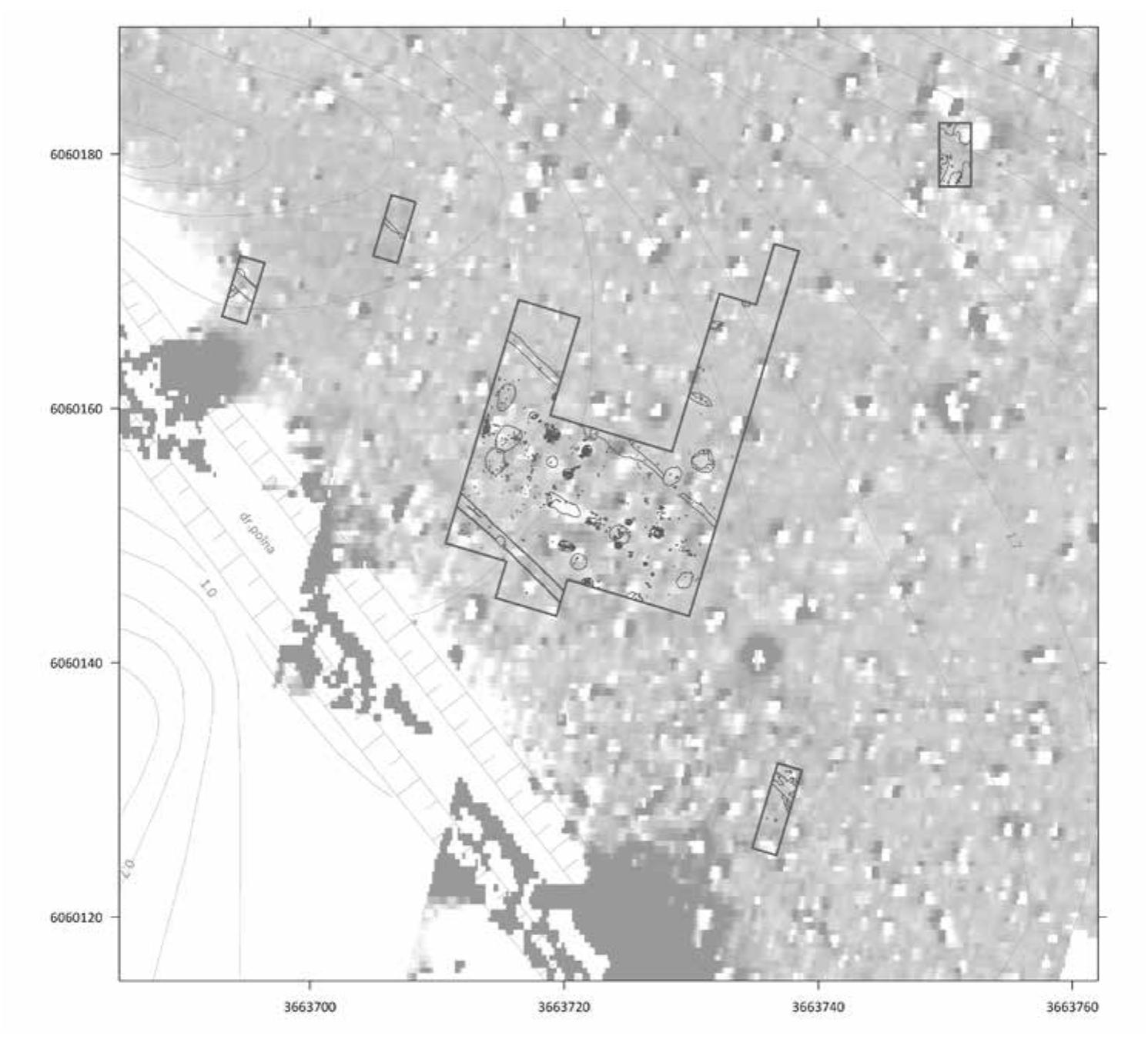Fig. 2. Comparison between geo-magnetic and archaeological results at Janéw Pomorski within the area of 2004-2008 excavations. All documented archaeological features are shown against the geo- magnetic background  the excavation, they became apparent as hearths and pits. The extension of the trenches allowed the understanding of the situation on a larger scale, and the relation between different features. Apparently the density of the archaeological record was proportional to the geo-magnetic anomalies, which provides a confirmation of the measurements (Fig. 2). Nevertheless, there remain differences. The discovery of large-scale linear structures was already rightly interpreted in the main trench of the “central area’, but their further extension was verified by three test-trenches in 2008. It could be shown that they continue over a longer distance and thus designate the settlement plan. A further small excavation at the “northern periphery” of the emporium uncovered two large hearths, which probably were used for craft production.  