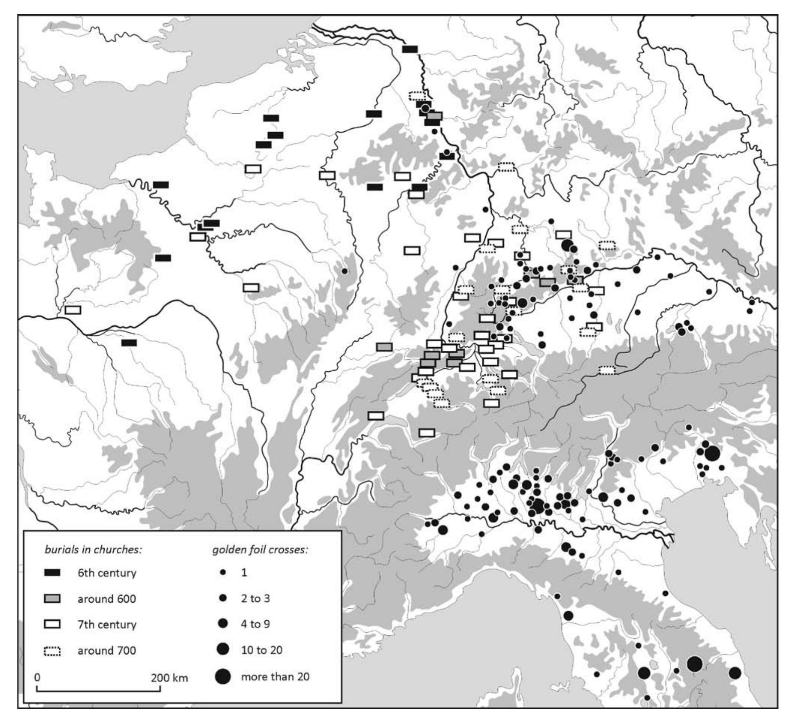 Fig. 4. Burials in churches in Northern Gaul and Alemannia, compared with the distribution of golden foil crosses in graves in Alemannia and Northern Italy; rearranged after H. W. Bohme (1996, 481, Fig. 1; 483, Fig. 2; 485, Fig. 3; 487, Fig. 4) and E. Riemer (1999, 610, Fig. 1).  During the 6" and 7" centuries burial inside or nearby a church became common, beginning in Gaul and the West (Fig. 4; Bohme 1996; Scholkmann 2000b; 20003b). There is no doubt that this placing followed a Christian attitude*. The proximity to the reliquaries and the saints was something to be looked for, because they could assist on the way to the life eternal. To be buried ad sanctos became a common desire during the early 