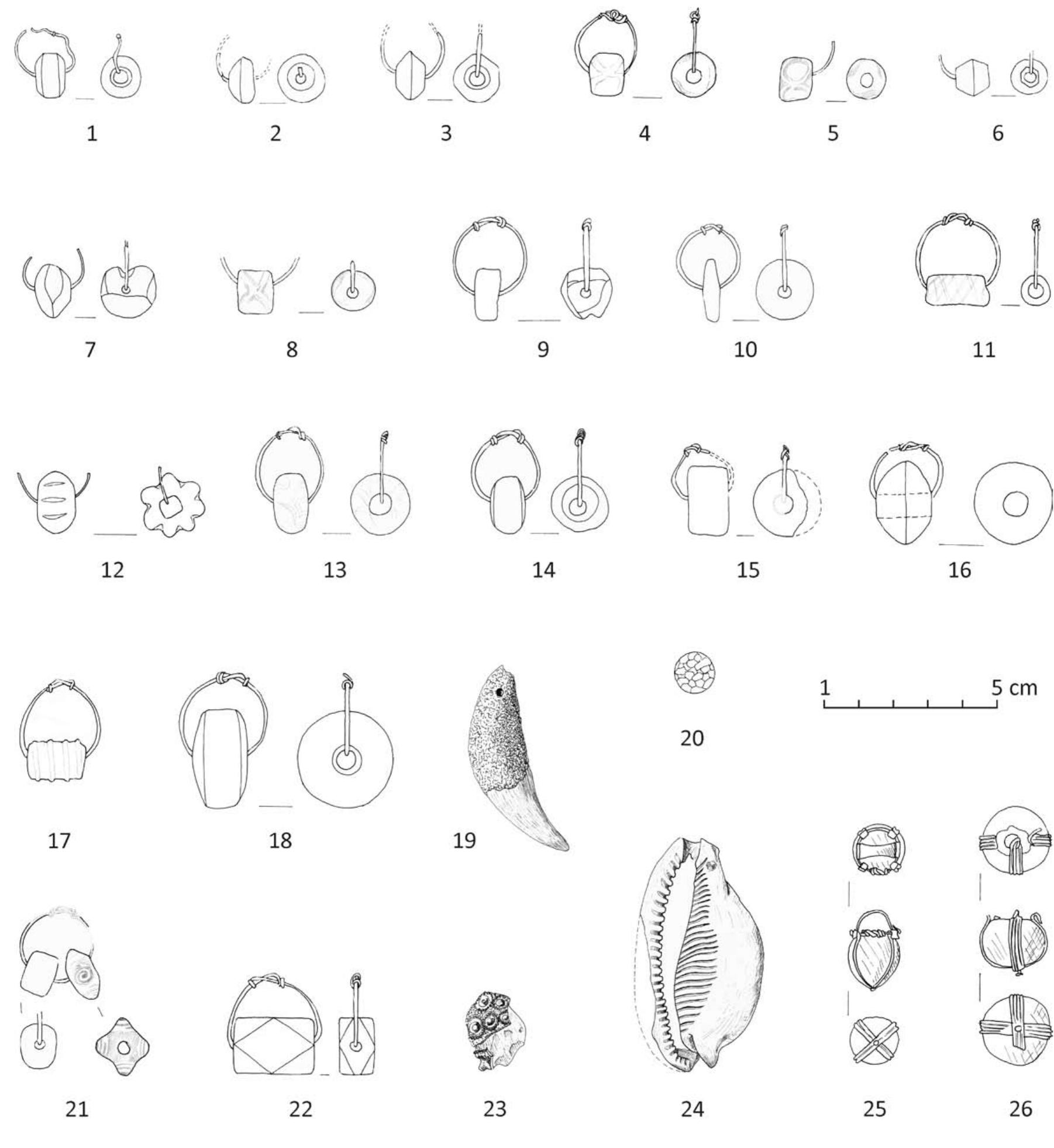 Fig. 5. Mengen, Kreis Breisgau-Hochschwarzwald, Baden-Wiirttemberg, Germany, grave 12. Magic amulets (?) from a woman’s grave; after S. Walter (2009, tab. 6). 1-18, 21-22 - beads of glass, semi-precious stones and amber with silver wire rings; 19 — tooth of a bear; 20 — bowl of bean ore; 23 — echinite; 24 — Cypraea pantherina; 25 — bowl of bean ore with a frame of silver wire; 26 — glass bead with a frame of silver wire.  —  We are left with amulets’, as they are described in archaeology, if one looks for paganism (Fig. 5). For these objects, which could not explained sufficiently by their function, archaeology suggests an interpretation of amulet or talisman. They could be animal teeth, minerals, fossils and so on (Dibner-Manthey 1990; 