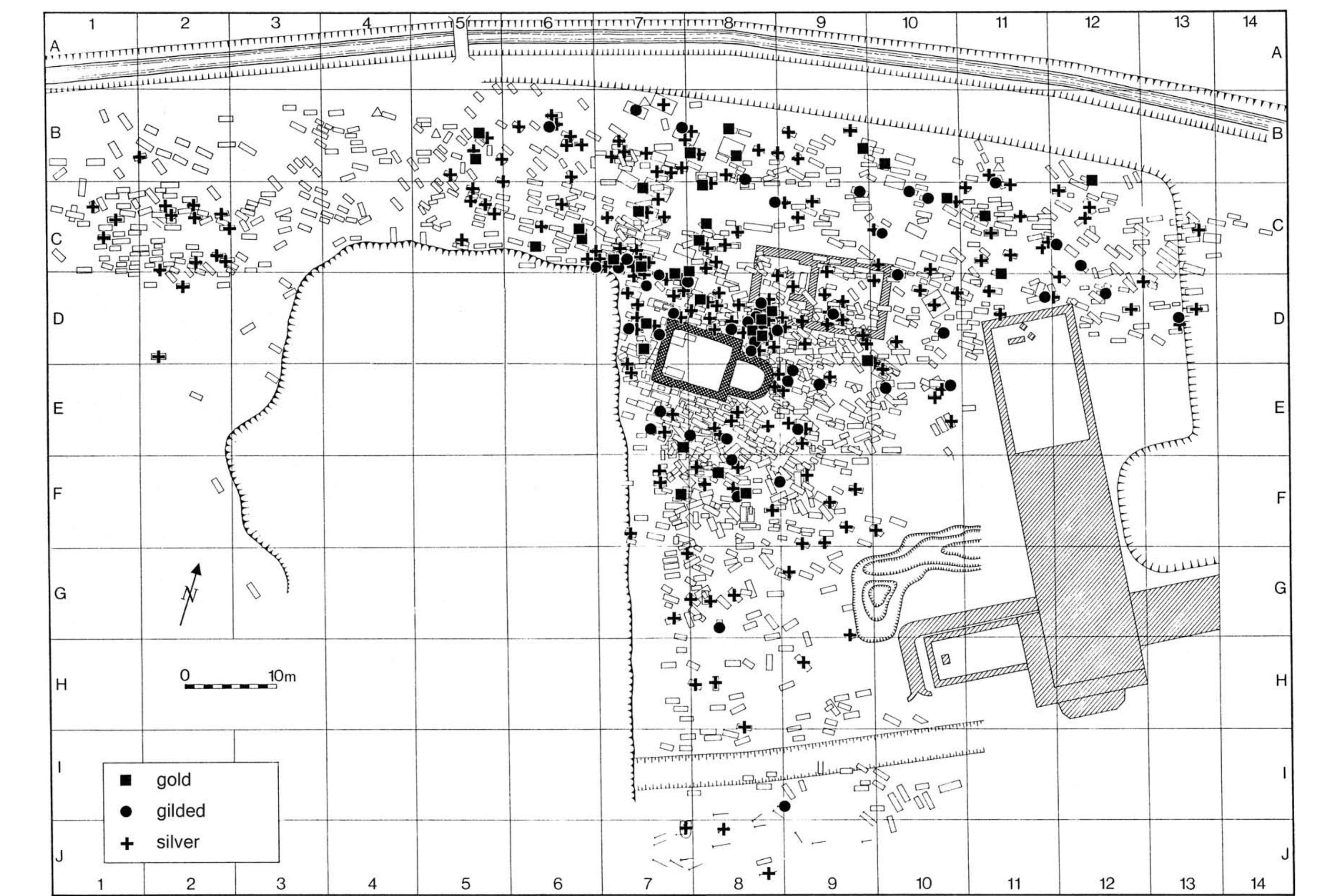 Fig. 6. Staré Mésto “Na Valach”, okres Uherské Hradisté, Czech Republic. Christian Graves with gold and silver objects near the church; after M. Schulze-Dérrlamm (1995, 587, Fig. 30). 