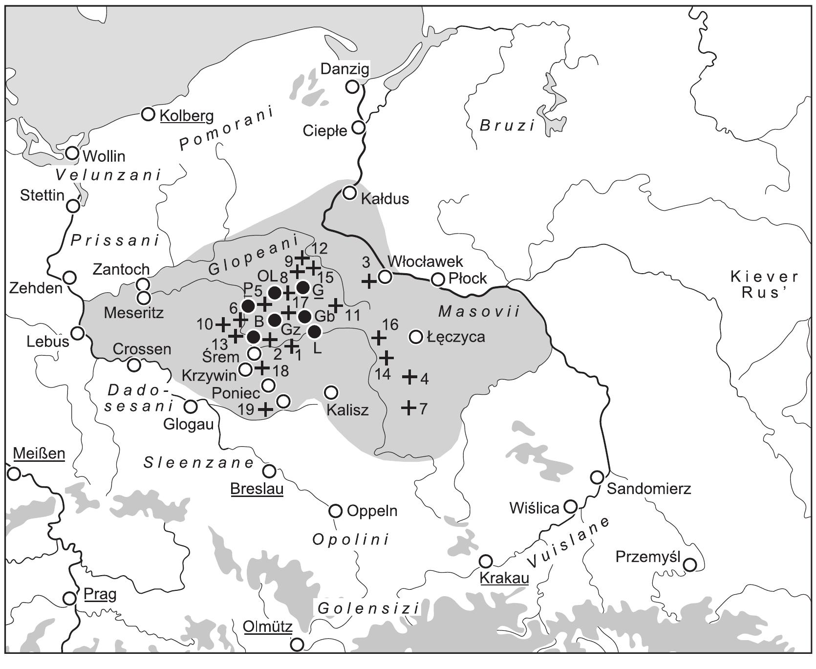 Fig. 2. Early Piast Poland — the civitas Schinesghe. ‘Peoples’ names’ in italics; (@) dendrochronologically dated hill- fort of the 940s in Great Poland (B, Bnin; G, Gniezno; Gb, Grzybowo; Gz, Giecz; L, Lad; OL, Ostrow Lednicki; P, Poznan); (©) other important hillfort around 1000 A.D.; underlined are bishops’ and archbishops’ seats; (+) impor- tant cemetery with spurs or weapons in graves (spurs: 1 Biernatki; 2 Bnin; 3 Brzes¢ Kujawski; 4 Buczek; 5 lwno; 6 Lubon; 7 Lutomiersk; 8 Lubowo; 9 Mielno; 10 Niepruszewo; 11 Ostrowaz; 12 Skarbienice; 13 Sowinki; 14 Szarow; weapons: 15 Biskupin; 16 Chwalborzyce: 17 Marzenin; 18 Skokowko; 19 Slaskowo) (after Kurnatowska, from  Brather, Archdologie der westlichen Slawen, 377 fig. 104). 