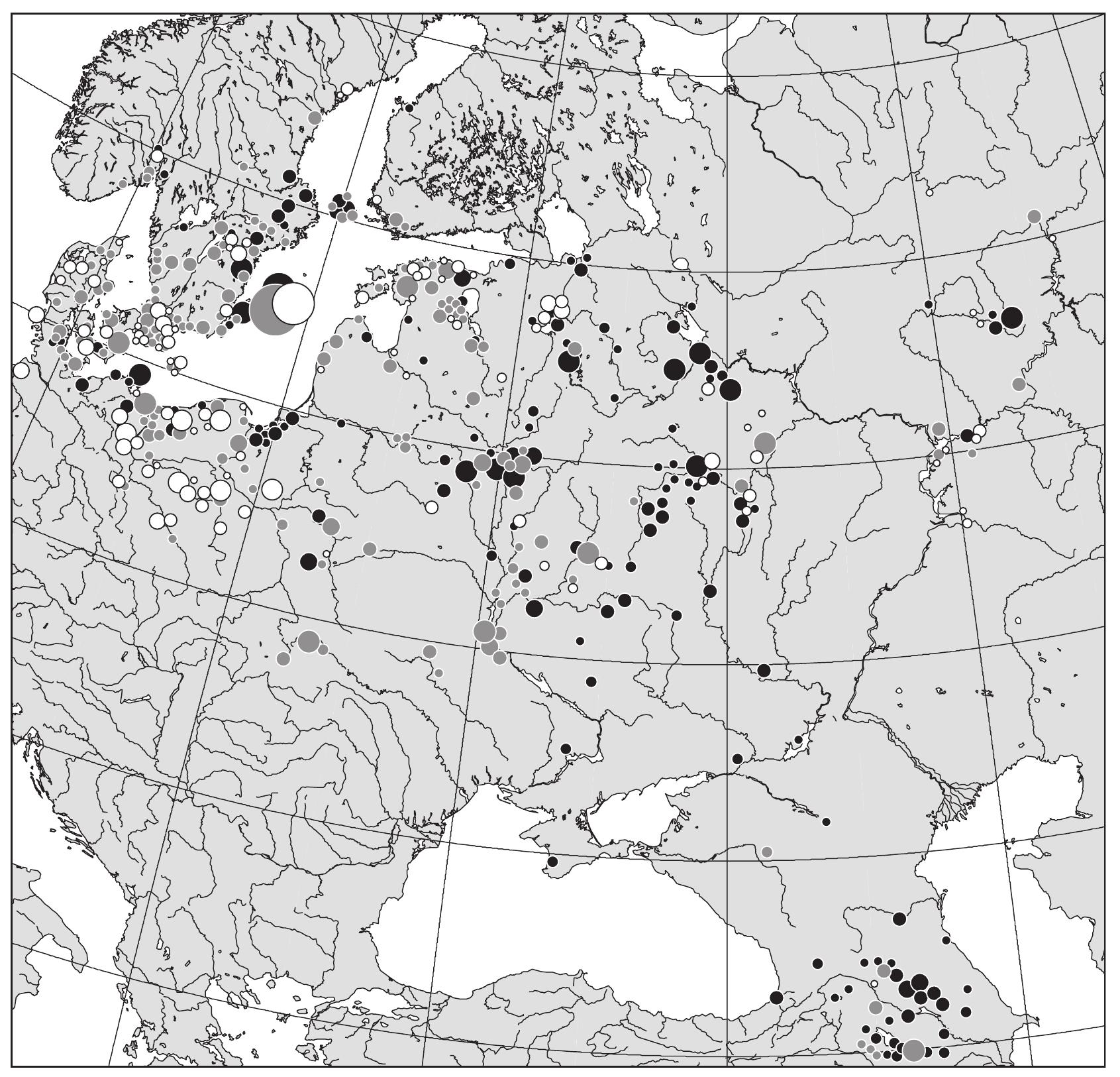 Fig. 6. European Silver hoards with dirhams, 8th to 11th centuries. (@) hoards with terminus post quem before 900; (®) hoards with terminus post quem between 900 and 970; (QO) hoards with terminus post quem after 970. The size of the sign differentiates between up to 50, to 100, to 500, to 1000 and more than 1000 coins. The numerous finds on Gotland are mapped summarily (from Brather, ‘Silver, weights and scales’, 145 fig. 2). 
