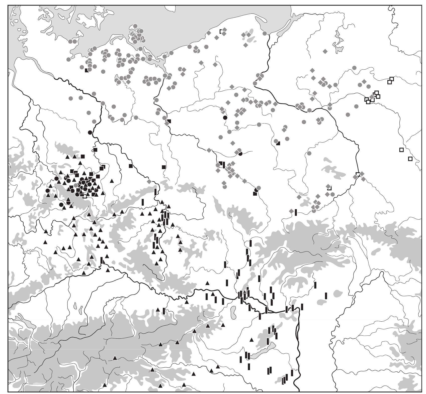 Fig. 7. Selected temple-ring types of the Early and High Middle Ages. Despite these regional variants simple forms are widespread. (§) with multiple S-loops (since 8th c.); (A) with broadened loop end and diameter above 4.5 cm (8th to 9th c.); (®) hollow temple-ring of ‘Pomeranian type’ (type Illa and Illb; 9th to 13th c.); (@) with very broad- ened loop end (type Illg; 10th to 12th c.); (¢) with notch decorated loop (type Illc; 10th to 14th c.); (@) with ‘clamp’ (type Ille; 11th to 13th c.); (@) with one and a half winding (type IV; 11th to 13th c.) (from Brather,  ‘Schlafenringe’, 133 fig. 28). 