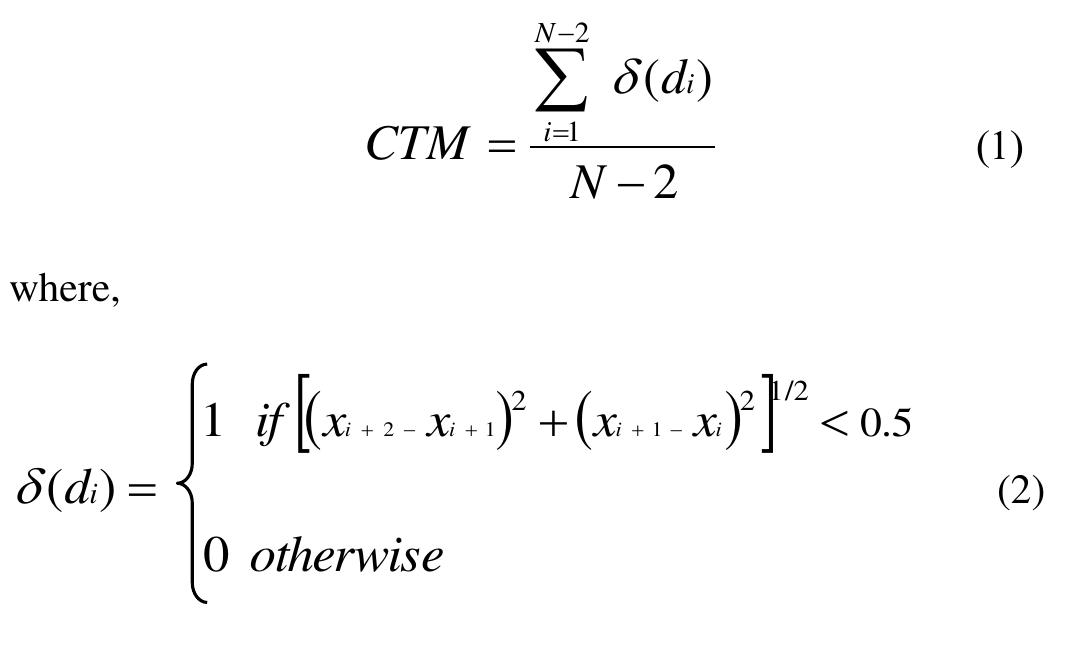 Central tendency measure with radius 0.5 (CTMS50): This measure applied in [16]. CTM50 is computed by selecting a circular region of radius 0.5 around the origin, counting the number of points that fall within the radius, and dividing by the total number of points. Given N data points from a time series, N-2 would be the total number of points in the scatter plot.  Hence, CTMS0 can be computed as [17]: 