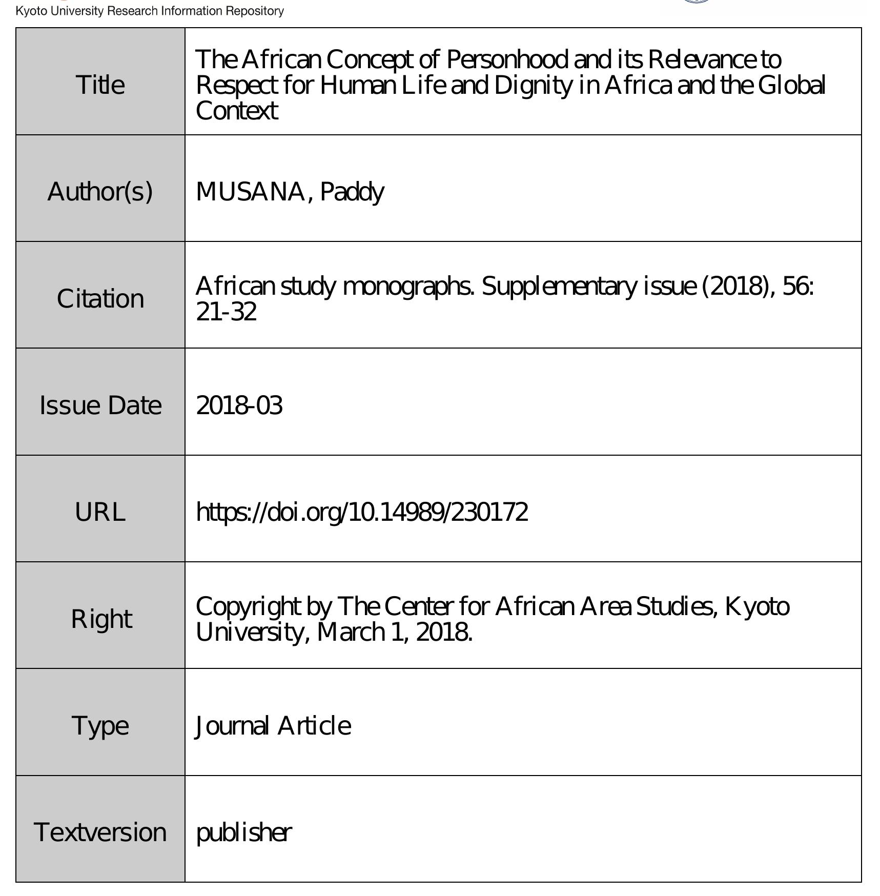 Pdf The African Concept Of Personhood And Its Relevance To Respect