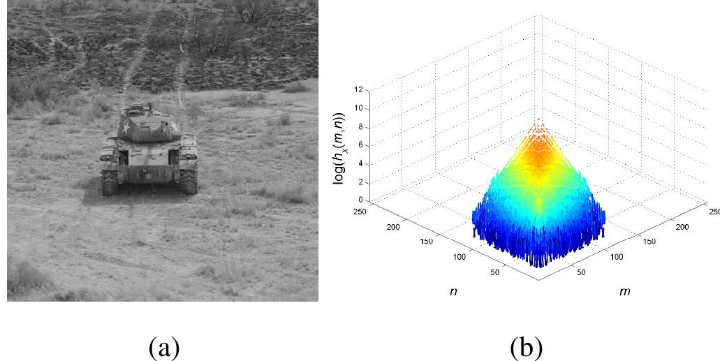 The input image (a) and its 2d histogram (b) using 7 x 7