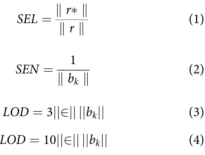 where r* is the NAS vector; r is a sample spectrum; b;, is the vector of the final regression coefficients appro- priate for component k; and ||e|| is a measure of the instrumental noise that may be estimated by collecting several spectra for blank samples and calculating the norm of NAS for each sample and the corresponding standard deviation. The latter can be taken as an approximation of ||e|| (Marsili et al. 2003).  The FOM were calculated using the following >quations: 