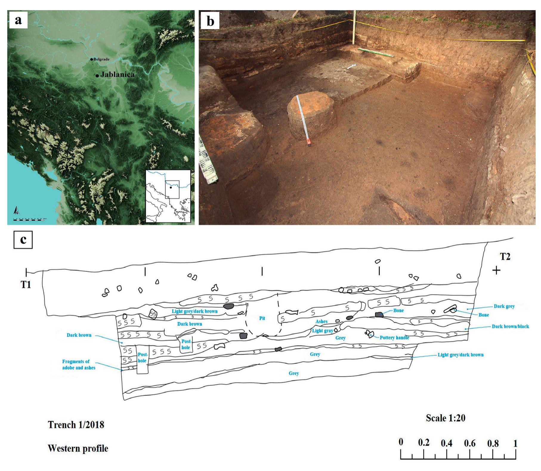 Figure 1. Jablanica: a. position of the Late Neolithic site; b. Trench 1, view from the south-eastern corner; c. western profile of Trench 1  The archaeological site of Jablanica is situated in the village of Meduluzje, near Mladenovac, ap- proximately 50 km from Belgrade. The prehistoric settlement was located on a trapezoid-shaped plateau on the western bank of the Jablanica stream, and its estimated area is over 50 ha (Figure la). It was first discovered in 1899, and the first excavations were carried out already in 1900 by Miloje M. Vasic¢. These re- sults were published in 1901 and 1902 (Reinach 1901; Wassits 1902). The excavations covered the surface of 64 m’ and revealed a large prehistoric settlement of the Vinéa culture complex. These research activities represent, in fact, the first systematic archaeological excavations of some prehistoric settlements in Serbia with up-to-date archaeological standards. 