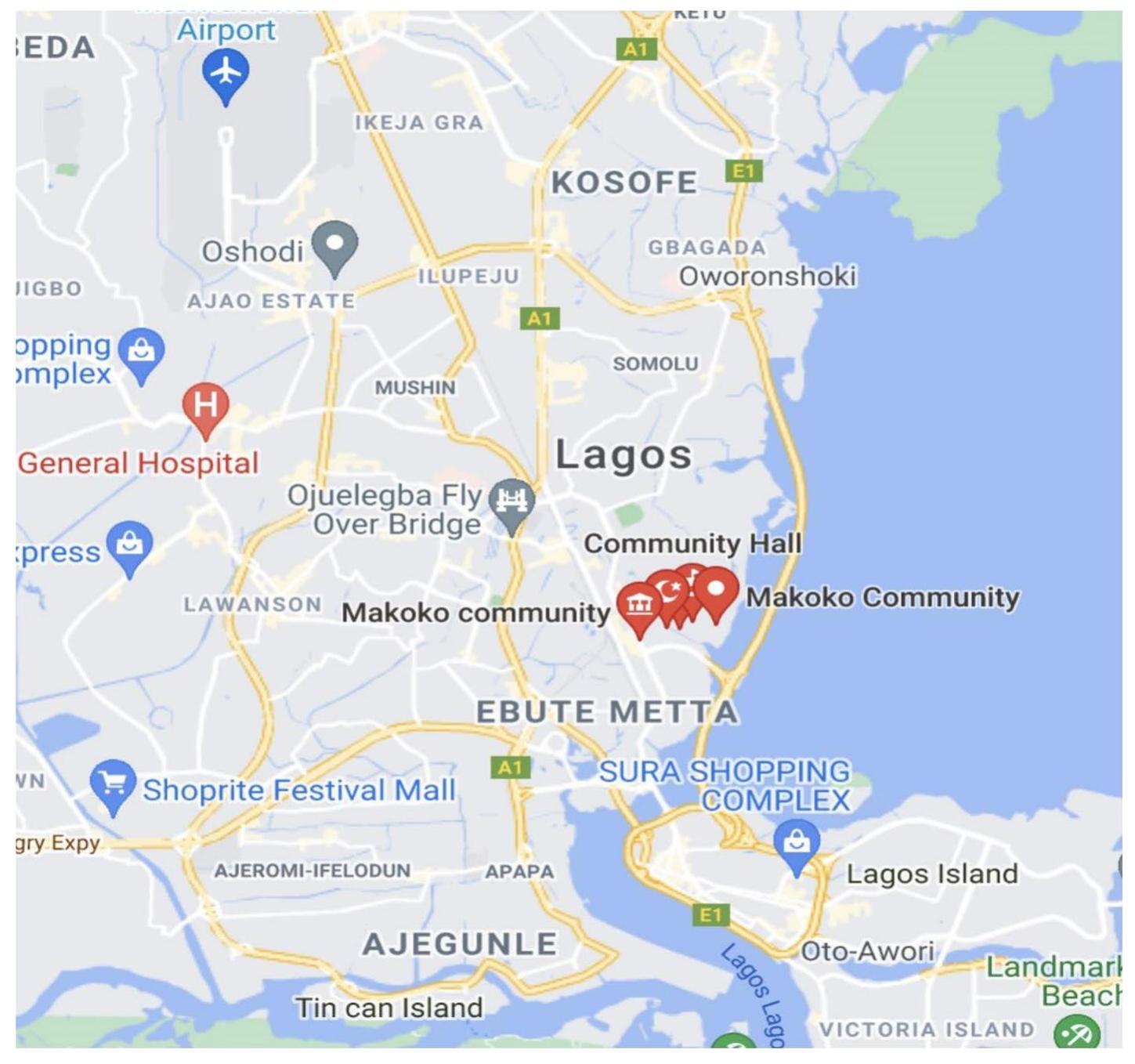 Figure 1. Map of the Makoko fishing community indicating the sampling site (Source: Google). 