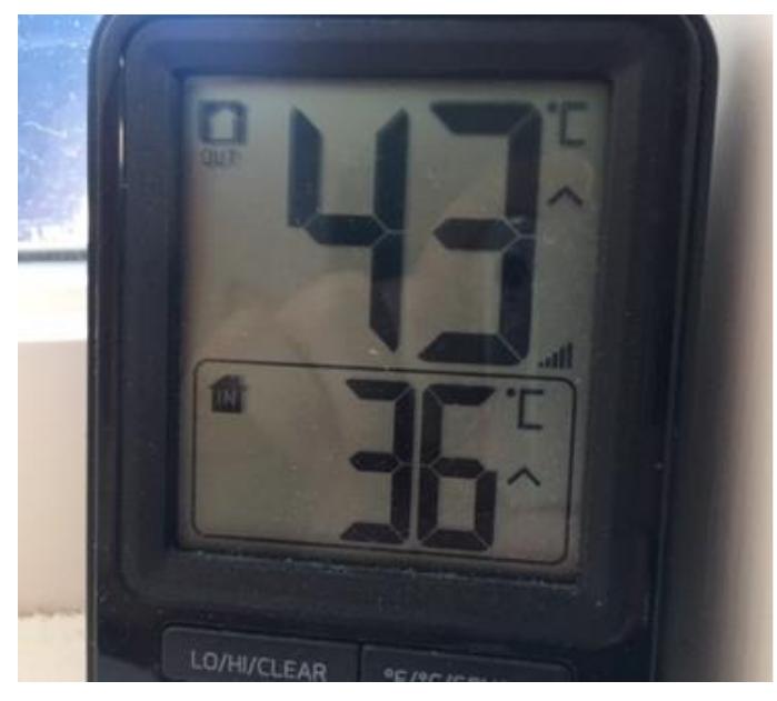 Below: The outdoor-indoor thermometer at my house, June 2021. 43°C is 110°F; 36°C is 98°F.  It is not immediately clear that climat change is a phenomenon that lends itself t a phenomenological approach. The ver idea of climate is an abstraction. Accordin to NOAA: “Weather is what you experi ence when you step outside on any give! day .... Climate is the average of th 