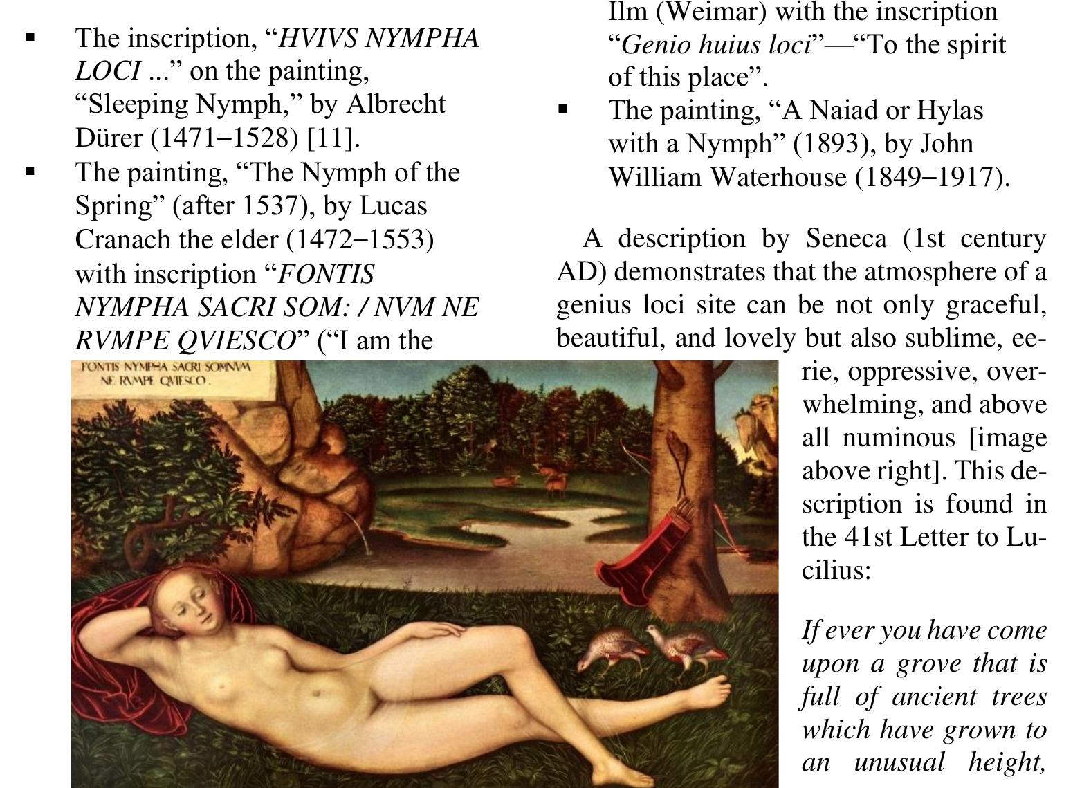 Locus amoenus and genius loci appear re- yeatedly in art history as commonplaces— yften with a tendency toward the afore- nentioned triad of spring, tree, and rock. tere are five examples [10]: 