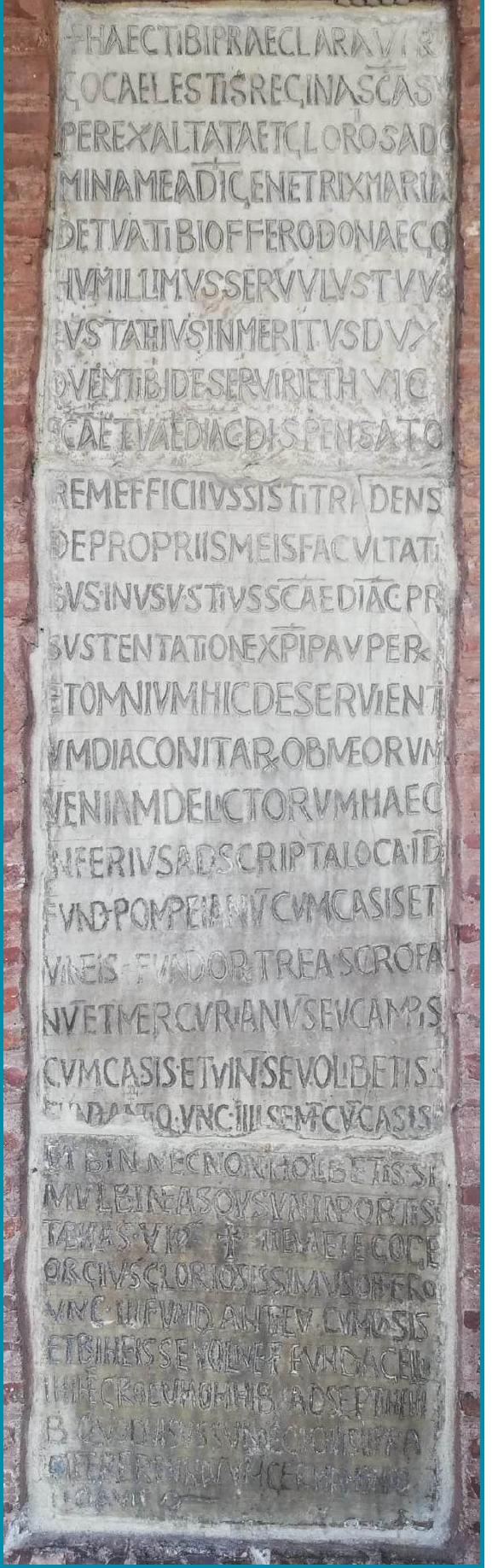 Figure 2: Eighth-century marble in- scription at Santa Maria in Cosme- din, Rome, including reference to those in charge of the diakonia:  ‘[...] pr[o] [s]ustentatione XP(ist)! pauper(um) [e]t omnnium hic deservent[iJum diaconitar(um)” (lines 12-15). | Photo: Nicoletta Borgia Al Bdeiwi 