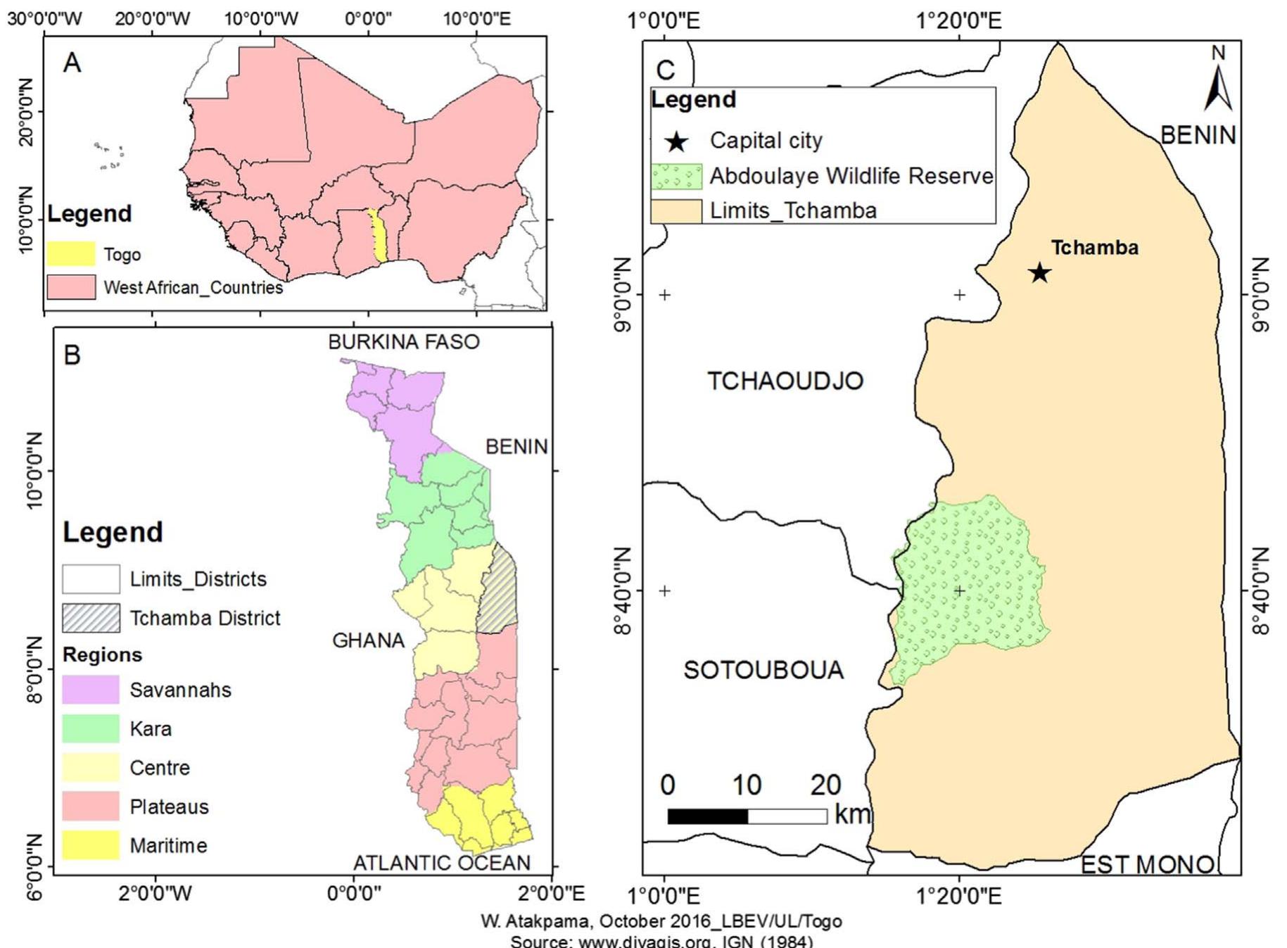 Fig. 1. Map of Republic of Togo and the geographical area relevant to the research described. A: Location of the Republic of Togo in West Africa; B: Togo and its different regions an Districts; C: Tchamba district.  “  Indeed, in Togo, economic hardship and an uneven access to healthcare facilities and modern medication promote the spread of in- fectious diseases, which in this country rank among the top ten priority diseases (Tittikpina, 2012; Ministére de la santé et de la protection sociale du Togo, 2015). Natural remedies based on locally grown plants and traditional knowledge related to them often represent the only source and resource to treat such infectious diseases. It is therefore advisable to conduct studies on the different plants used to treat those diseases, firstly because they are used on humans already - and in some cases, have been for centuries — and secondly because they may indeed contain substances with interesting therapeutic activities (Tittikpina et al., 2016a). Therefore, we conducted a study based on semi-struc- tured individual interviews with 53 traditional healers (TH) from the Tchamba district of Togo (Fig. 1) to identify the plants they used to treat infectious diseases. We recorded and identified 43 different plant species (Tittikpina et al., 2017). Among those 43 plants, P. erinaceus has been identified by us as being among the most interesting plants (Tittikpina, 2012; Tittikpina et al., 2013). Some studies have already explored the biological activities of this plant, which is found in several Western African countries; but, to the best of our knowledge, no in depth studies have been conducted so far on the antibacterial activities of the extracts, fractions and compounds derived from this plant. Based 