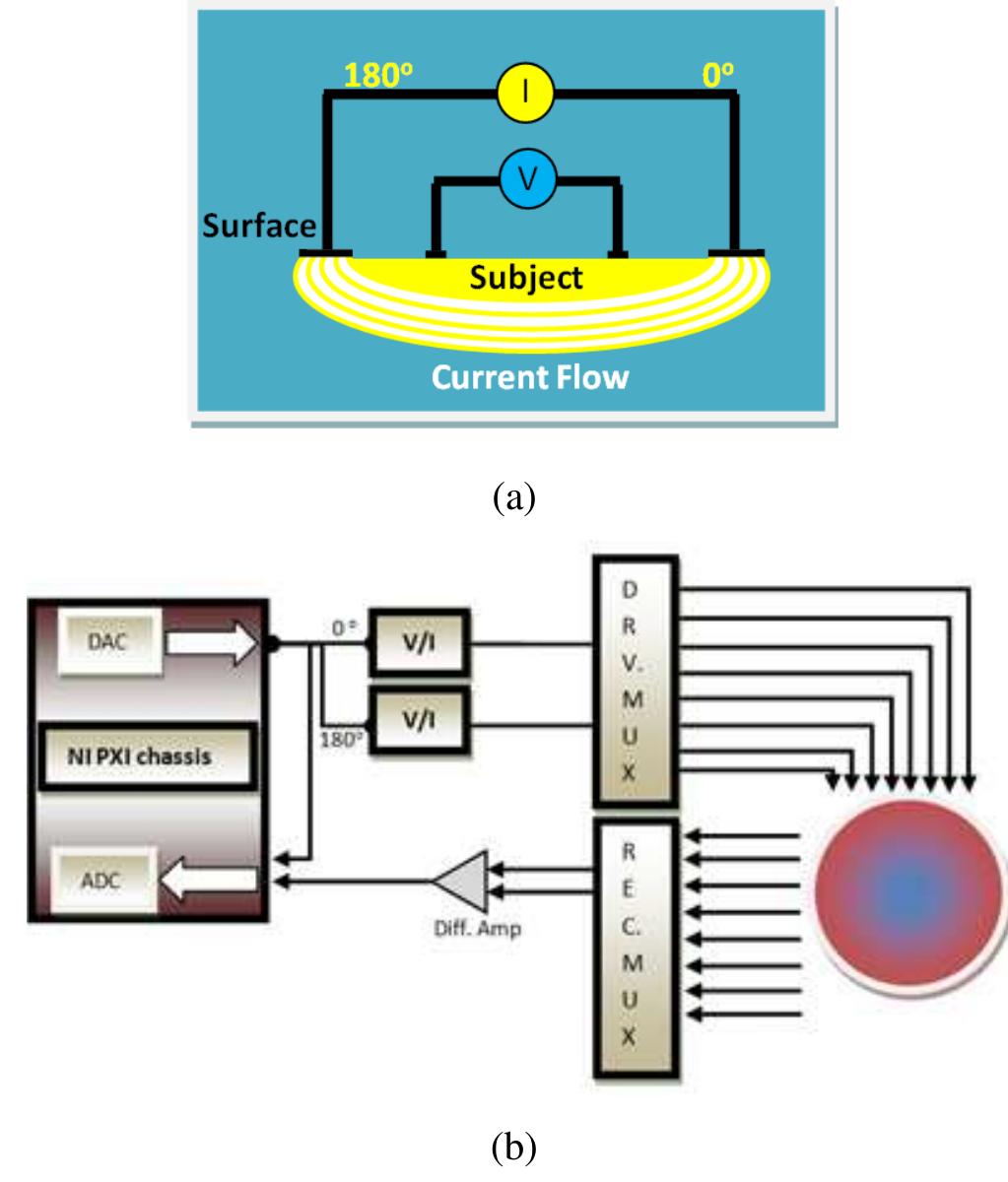 (a) four electrode method, (b) block diagram of multi-