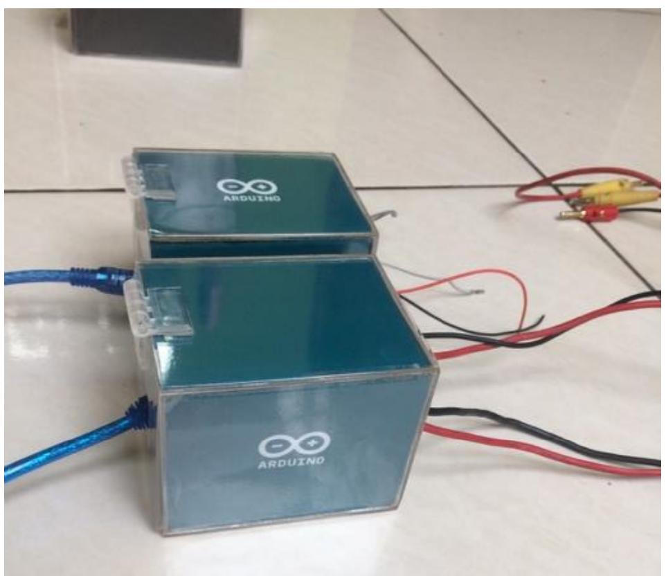 Arduino nano as node in an acrylic box with arduino logo.