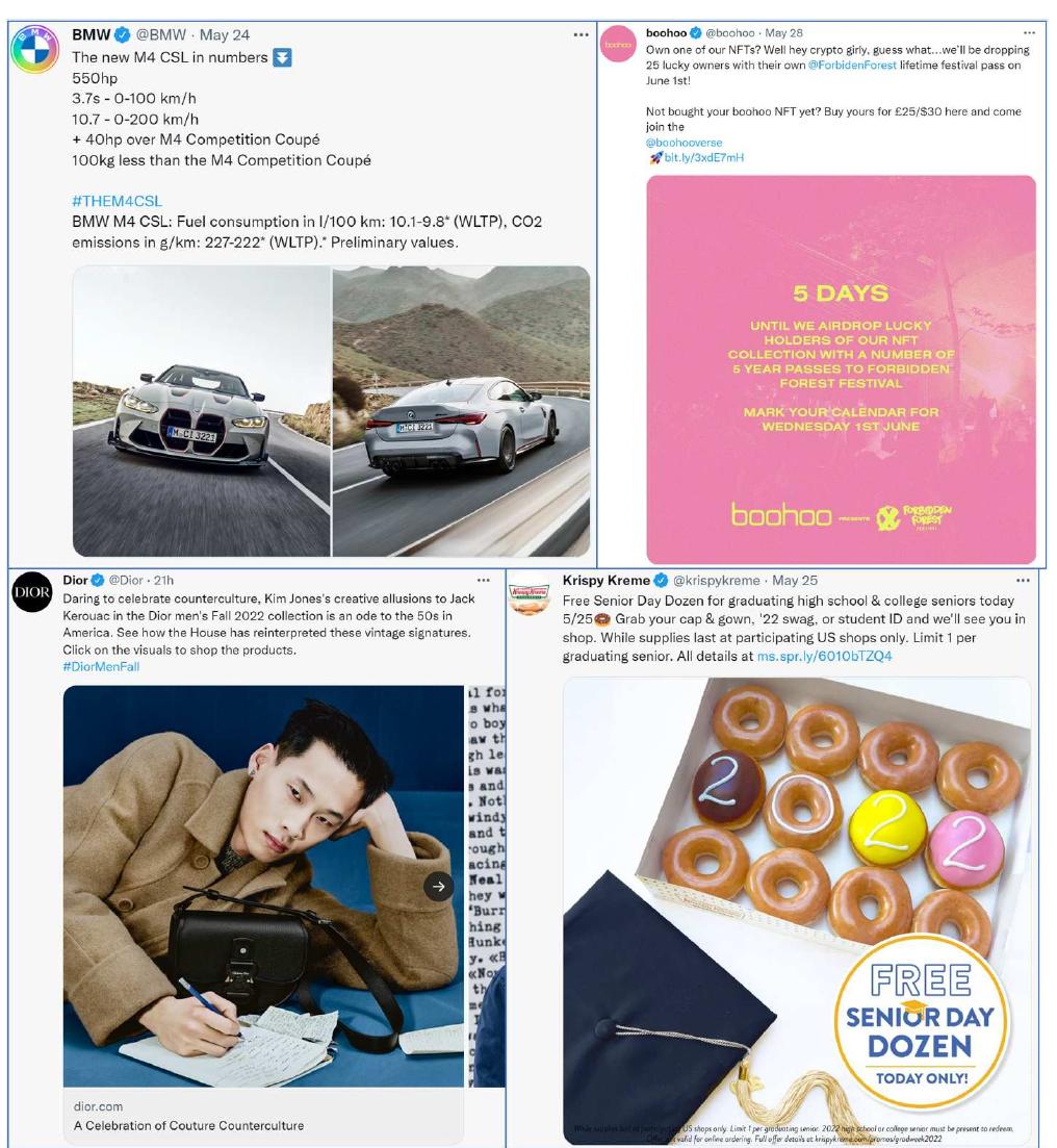 Figure 1: Four sample brand posts from BMW, BOOHOO, Dior, and KrispyCreme on Twitter; note the different content styles brands use to promote their products or events. 