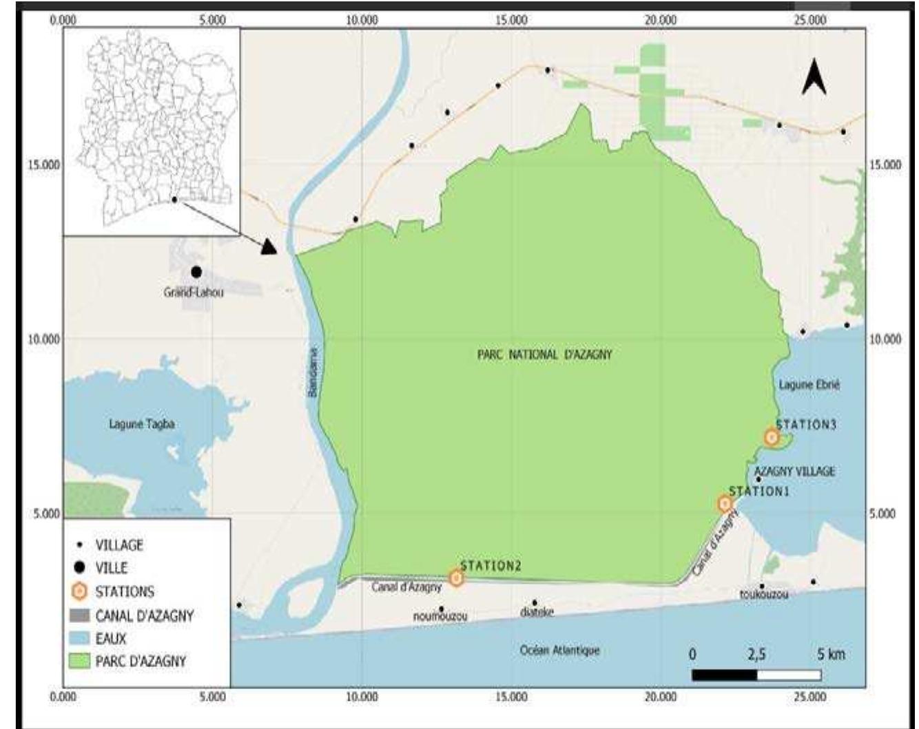 Figure 1: Location of sampling sites in Azagny National Park 