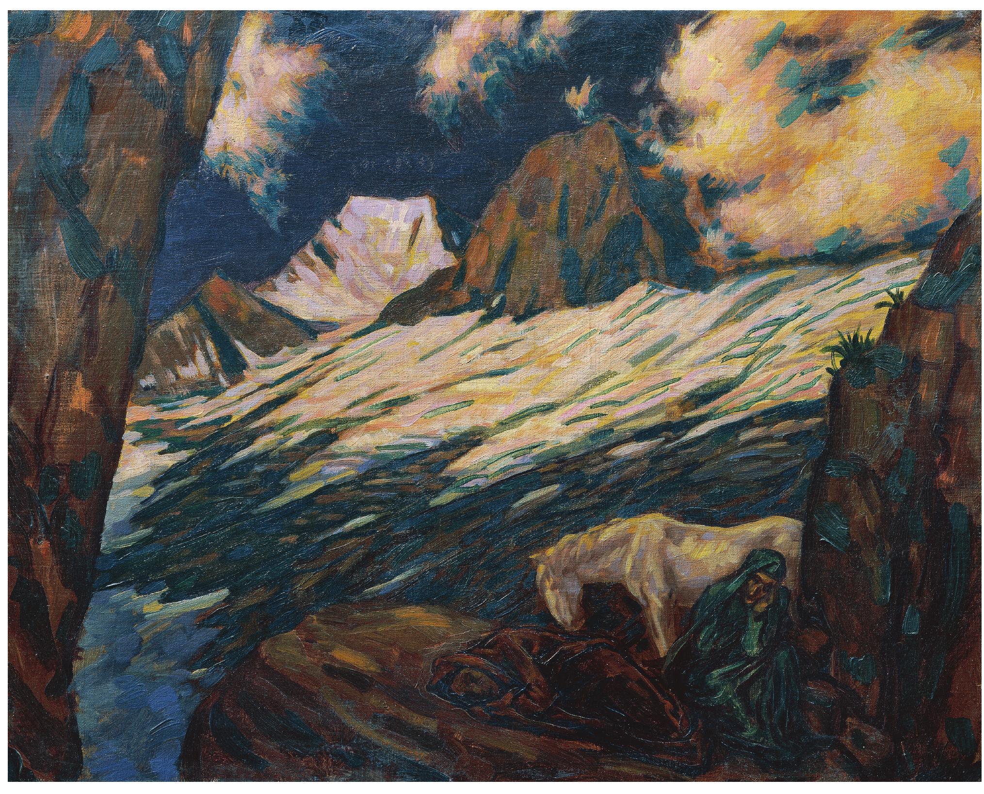 the capital after the First World War.” This included co-founding the Sonderbund in 1918, and being a prominent exhibitor with the Werkbund, the Kunstschau and the Vienna Women’s Art Association.  | Karl Sterrer, Mountain Landscape, 1925. Oilon canvas, 55 * 69cm. Vienna: Belvedere. Photo: Belvedere, Vienna, Inv. No. 2563. 