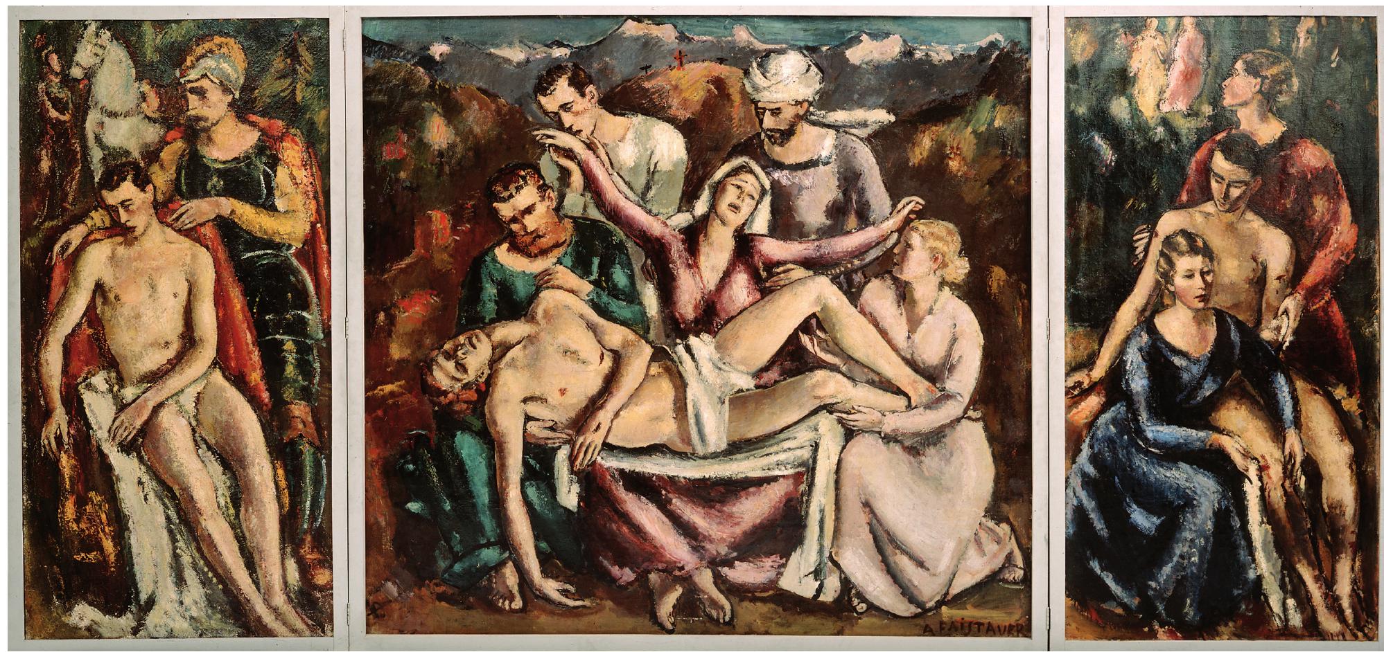art, and Faistauer’s central submission was a large altarpiece featuring a pieta, with Saints Martin and Sebastian on the left and right panels (plate 12). The tonality of this painting reveals an interest in El Greco, and recalls the same interest of his Viennese contemporary, the art historian Max Dvorak.** Indeed, the revival of El Greco has been convincingly interpreted by Beat Wismer and Michael Scholz-Hansel and others as intertwined with the heightened modernist concern with inner subjectivity in  the early twentieth century.*> Dvorak has often been credited for his openness to contemporary art, which, it is assumed, also drove his interests in non-canonical phenomena in the history of art. The convergence of interests with those of  Faistauer casts this in a different light, however. For it was arguably less to do with constructing a genealogy of modernism and more to do with a desire to retrieve the pious spirituality of the Counter-Reformation. Catholicism was central to Faistauer’s work, and by the time he executed the fresco of the Festspielhaus in Salzburg, he had developed a monumental language capable of expressing his religious commitments. The fresco, a series of allegorical images on the origins of the arts and the history of the city, also included a sequence of biblical images and celebrations of the beneficent role of the Catholic Church as patron of the arts.  12 Anton Faistauer, Votive Altarpiece, 1919. Oil on canvas, 85 x200cm (central panel), 185 94.5 cm (left and right panels). Salzburg: Museum of Modern Art. Photo: Salzburg Museum of Modern Art. 