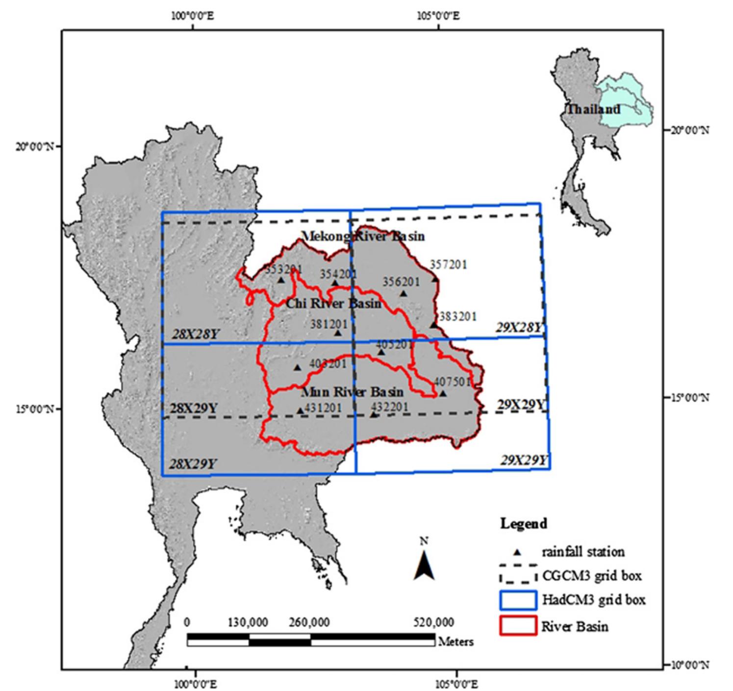 Location of rainfall gauging stations and hadcm3 and cgcm3