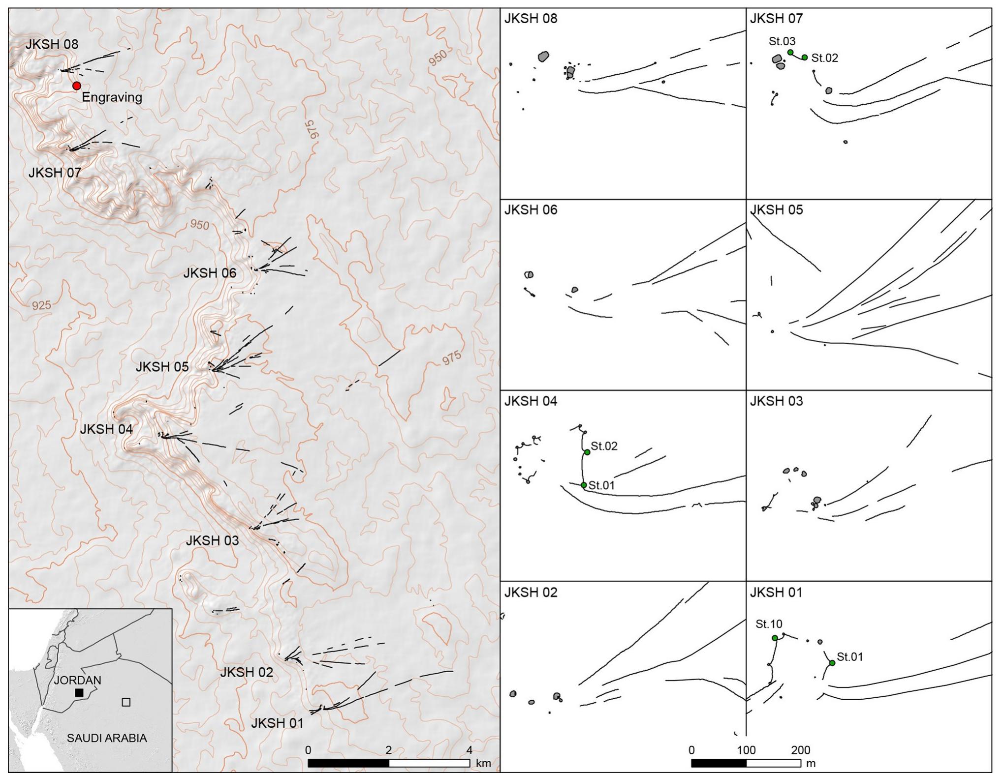 Fig 2. Location of fieldwork in Jordan. Location of the eight desert kites in the Jibal al-Khashabiyeh region in south-eastern Jordan (left), and detailed plans of these kites (right), with mentions (St.n) of excavated pit-traps. The red dot in the general map (left) shows the location of the engraving, found at the JKSH F15 site. The green dots in the kite plans indicate the excavated pit-traps and their numbering.  