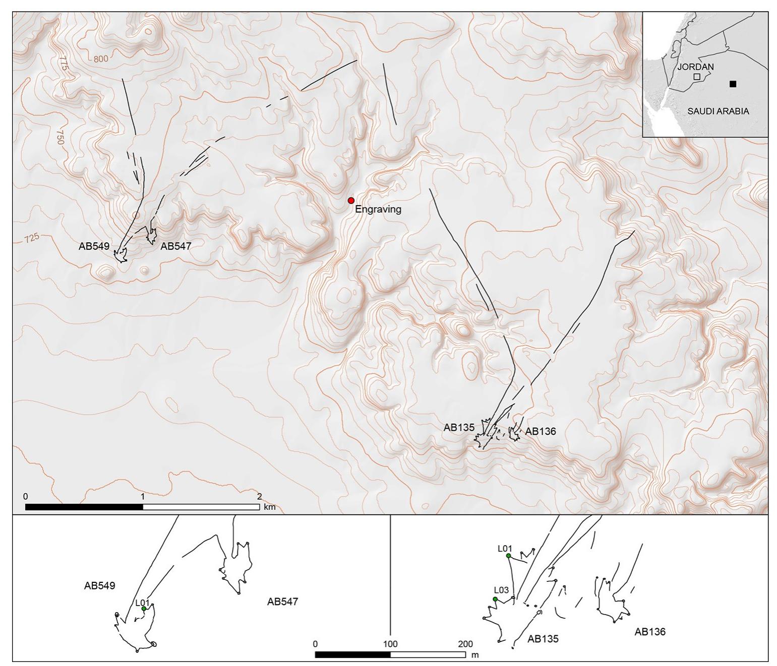 Fig 3. Location of the fieldwork in Saudi Arabia. Location of the four desert kites in the Jebel Az-Zilliyat region in northern Saudi Arabia (top), and detailed plans (bottom) of the two pairs of kites. The red dot in the general map (top) shows the location of the engraving, in the bed of Wadi az-Zilliyat. The green dots in the kite plans indicate the excavated pit-traps and their numbering. 