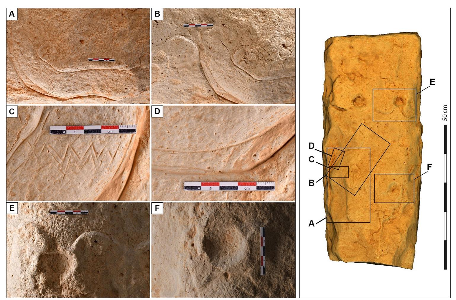 Fig 5. Detailed photographs of the engraved stone surface from Jibal al-Khashabiyeh, Jordan. The detailed views emphasize the various techniques used for the kite engraving found at the JKSH F15 site. The detailed photographs on the left are lettered, indicating their position on the engraved monolith, as shown on the right. 