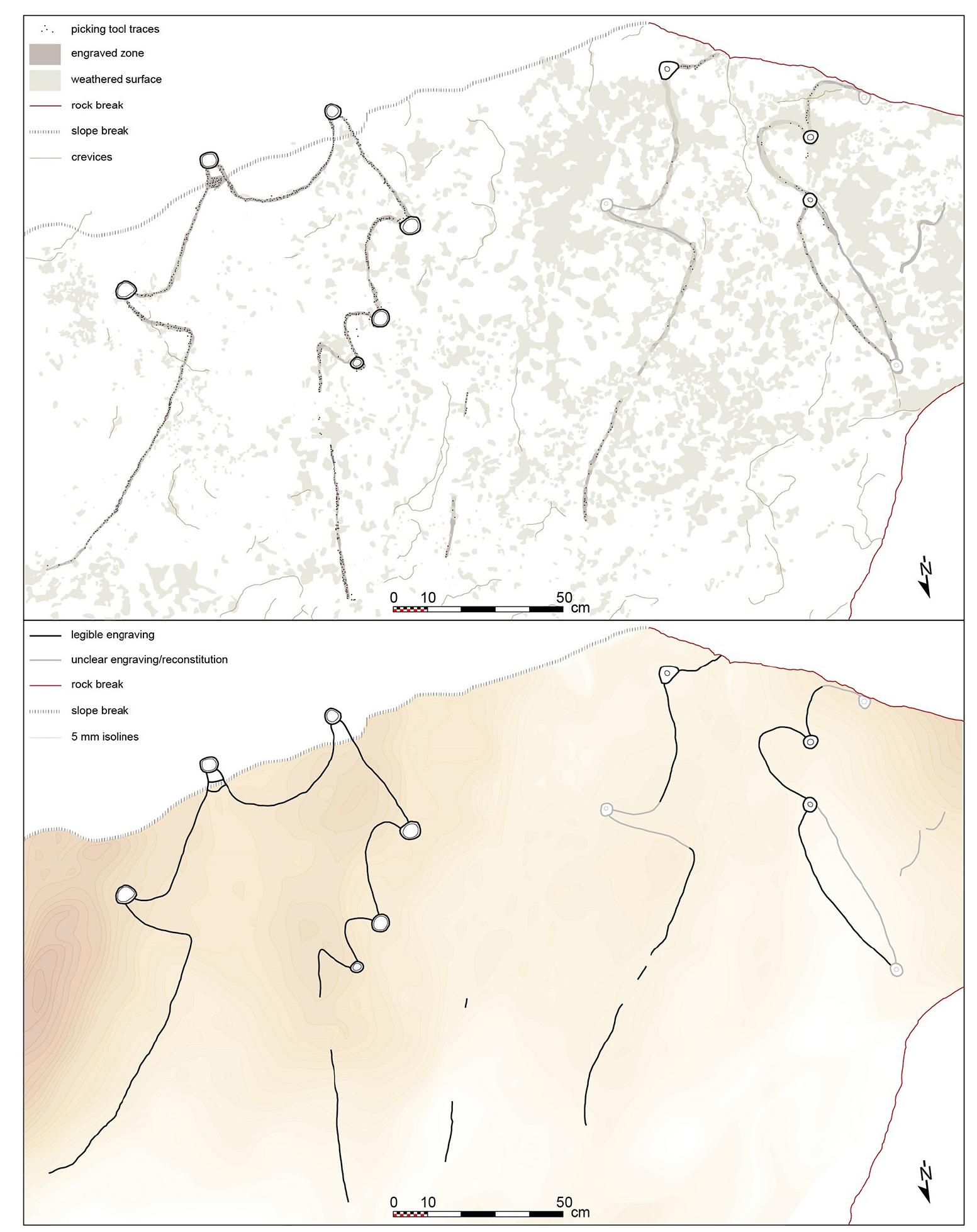 Fig 7. The engraved boulder from Jebel az-Zilliyat, Saudi Arabia. (A) Drawing of a projected view of the kites’ representation showing picking tool traces, engraved and weathered zones. (B) Drawing of a projected view of the kites’ representation showing legible and unclear engravings, with a colored restitution of the microtopography of the  boulder surface.  