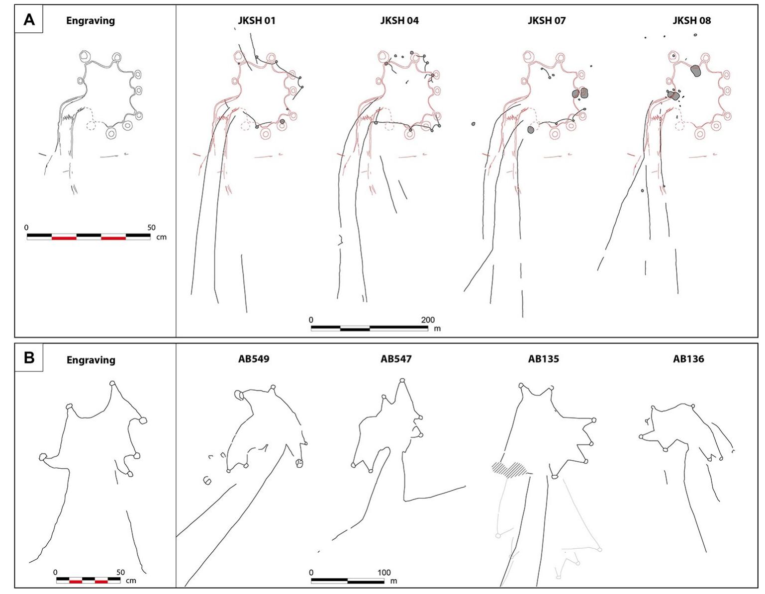 Fig 9. Comparison of the kite layouts depicted on the engravings with the top-view plans of neighboring desert kites in Jibal al-Khashabiyeh, Jordan and Jebel az-Zilliyat, Saudi Arabia. (A) Comparison of the kite layout depicted on the engraved monolith (left) with the top-view plans of the four better preserved kites identified in Jibal al- Khashabiyeh (right). The red dotted line is the shape of the kite engraving, used for superimposition on the desert kite maps. (B) Comparison of the kite engraving found at Jebel az-Zilliyat (left) with top-view plans of the four neighboring desert kites (right). Gray zones are destroyed or reused areas, after the period of kite use. 