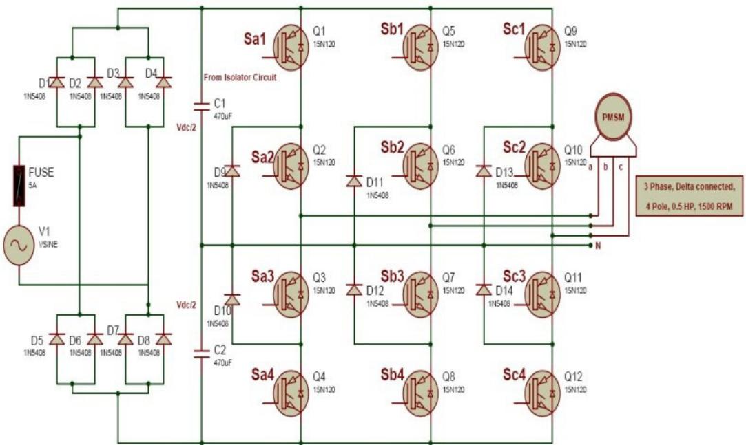 Power circuit of three level diode clamped inverter (dcmli)