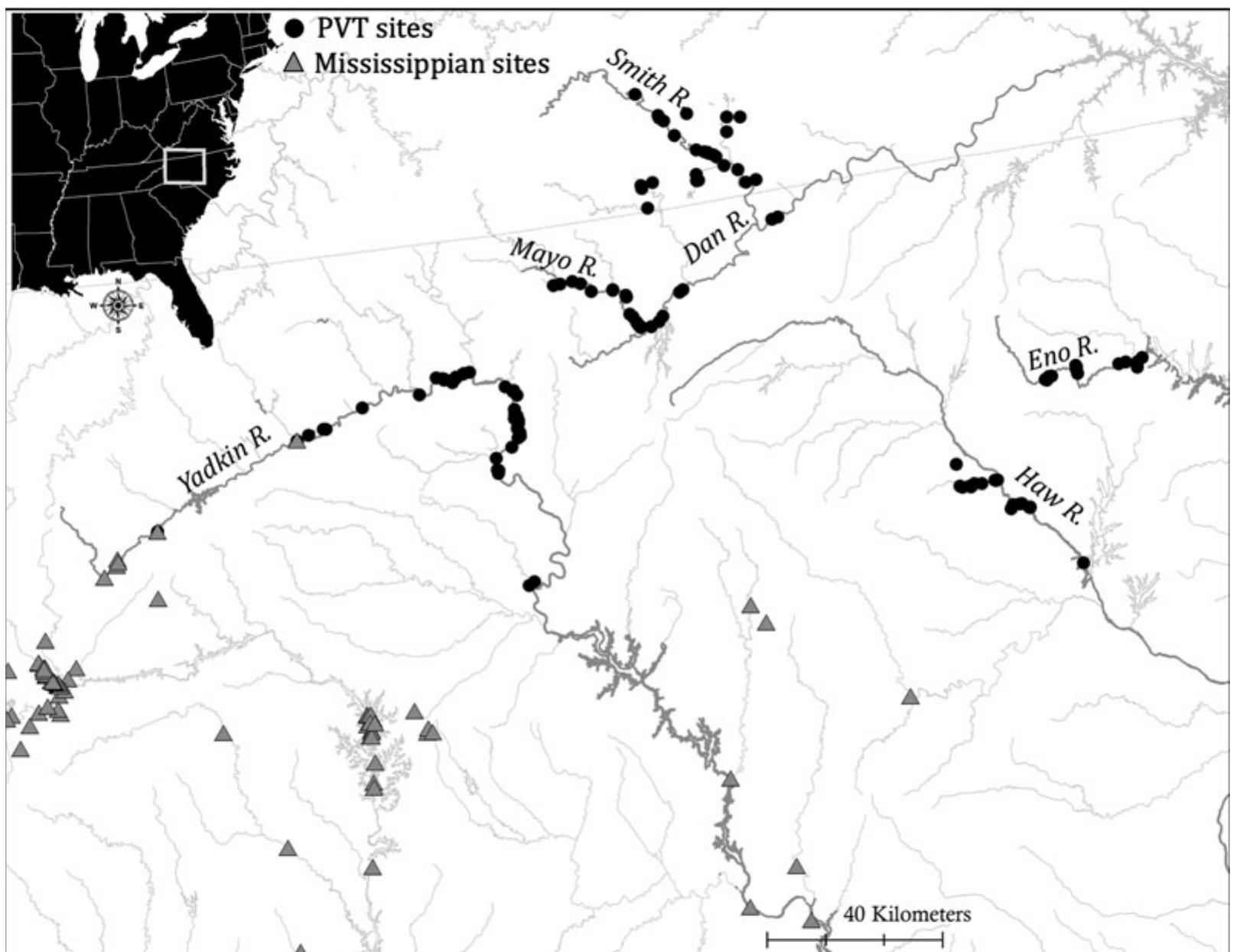 Figure 1. Map of the northern Piedmont showing the location of all identified Piedmont Village Tradition (PVT) and Mississippian settlement sites.  The most common flaked stone tools at Late Woodland Piedmont Village Tradition sites are small triangular projectile points. Drills, end scrapers, side scrapers, and expedient flake tools were made only in small quantities (Woo- dall 1984, 1990, 1999, 2009). Local lithic mate- rials include quartz, quartzite, and small quantities of jasper (Rogers 1993). Nonlocal materials (i.e., those sourced at least 60 km from the valley) include rhyolite, chert, and, far- ther afield, jasper. Rhyolite is the most common nonlocal material found at AD 1200-1400 sites and originates mainly from two different sources: Morrow Mountain and Asheboro (Daniel and Butler 1996).  households in the Dan River valley. Similar vil- lages also appear in the Eno and Haw River val- leys after AD 1500 but were likely constructed and inhabited by migrants or a combination of  local residents and migrants (Davis and Ward 1991; Dickens et al. 1987; Jones and Ellis 2016; Simpkins 1985; Ward and Davis 1993). 