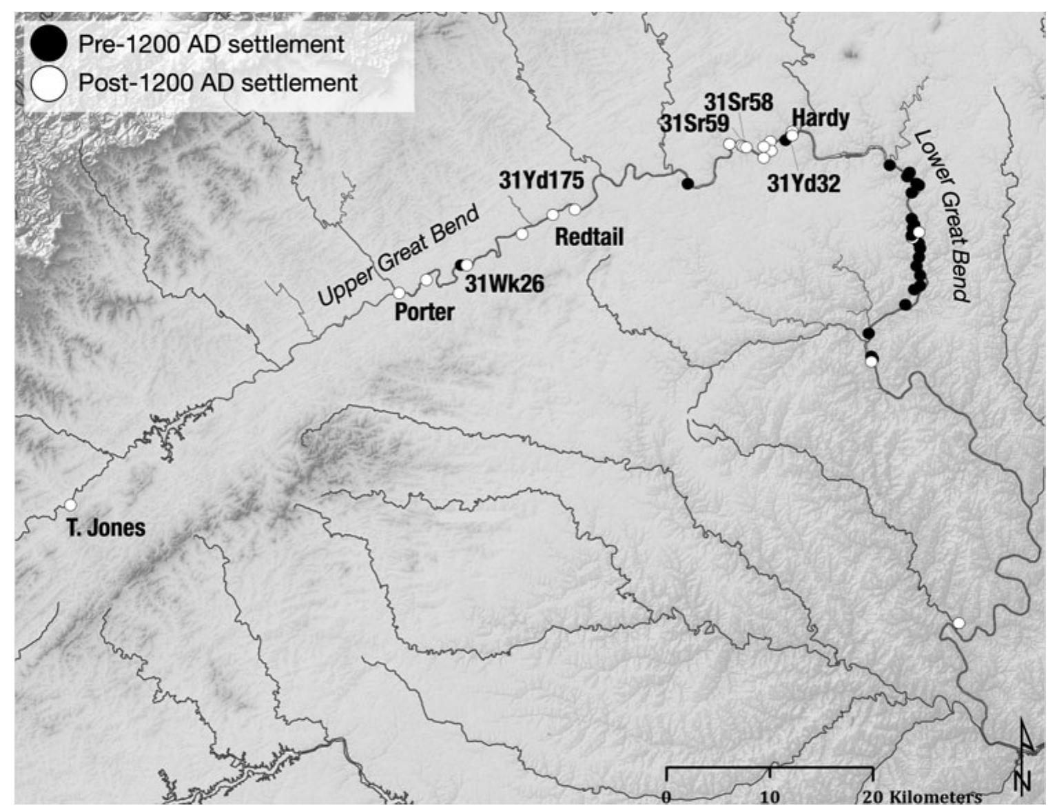 Figure 2. Map of the upper Yadkin River valley showing the upper and lower Great Bend areas, sites used in this study, and general chronology. 