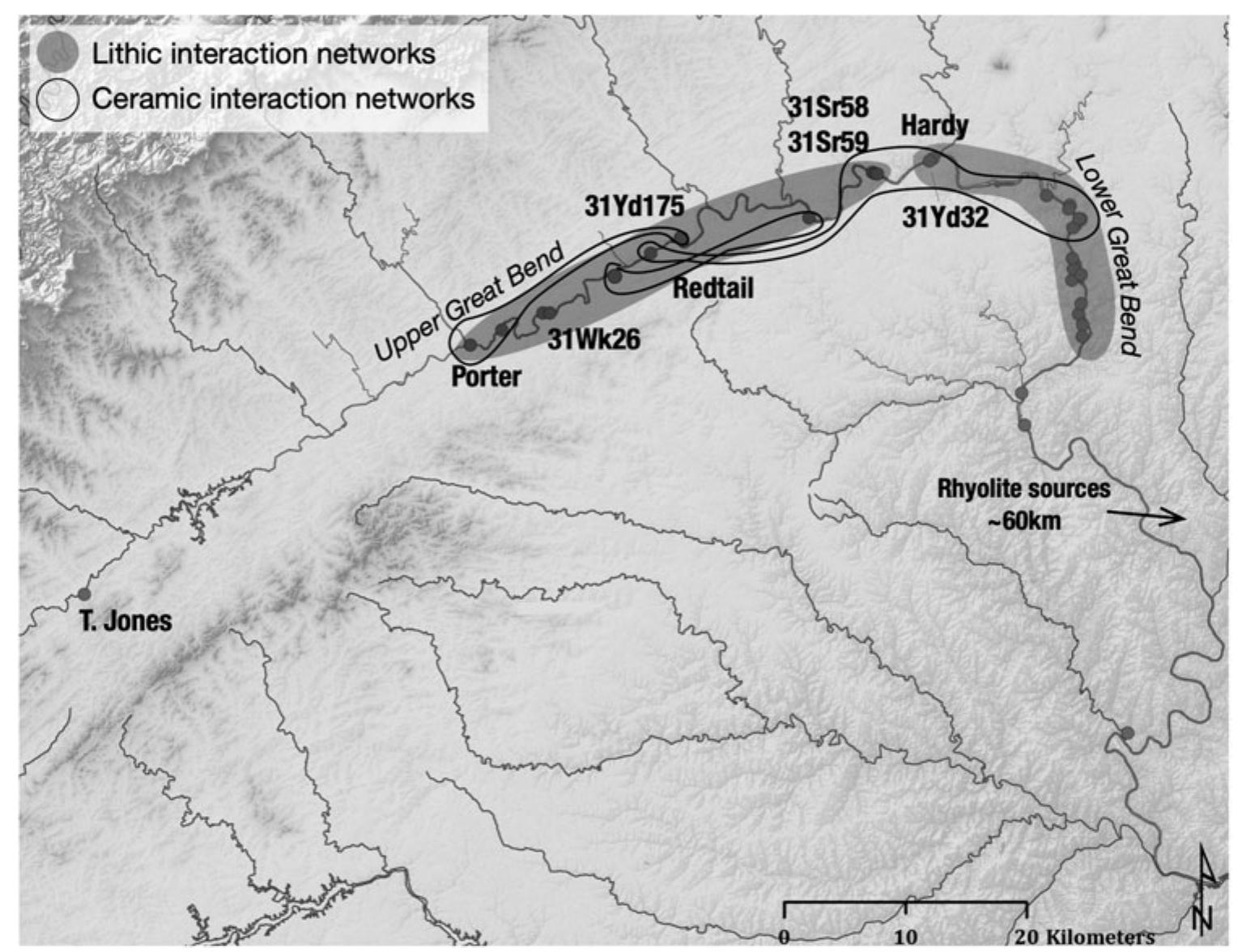 Figure 8. Map of proposed lithic and ceramic style interaction networks. This is based on a combination of our results and those of Rogers (1993:154). 