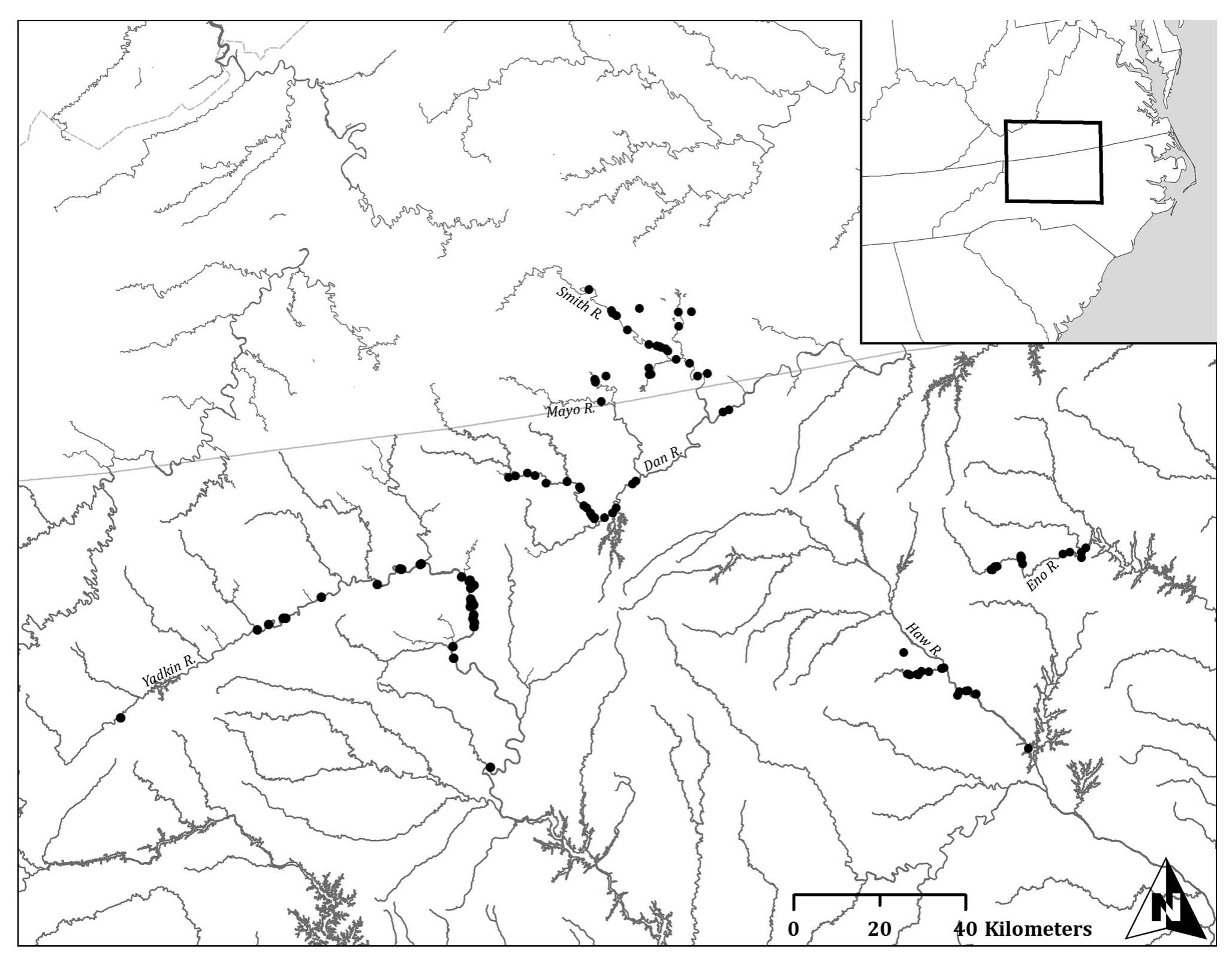 Figure 1. Piedmont Siouan settlement sites dating 800-1600 CE.  After 1500 CE, there is evidence for the incorporation of Mississippian cultural characteristics into the com- munities that lived at the Porter and T. Jones sites (Woodall, 1999, 2009), which were the closest two Pied- mont Siouan communities to Lamar Mississippian societies in the upper Catawba River valley. These characteristics include ceramic decorative motifs and personal adornment like spatulate celts. In addition, these two sites see an increase in the proportion of chert among lithic assemblages, originating from sources located in Mississippian occupied areas.  