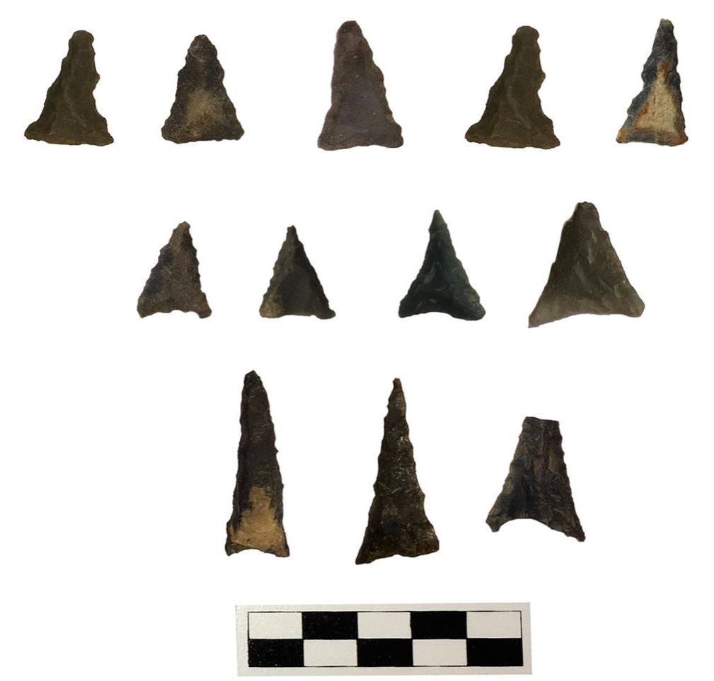 Figure 2. Traditional point types from the assemblage at the Redtail site. Top: Caraway. Middle: Clarksville. Bottom: Uwharrie. 