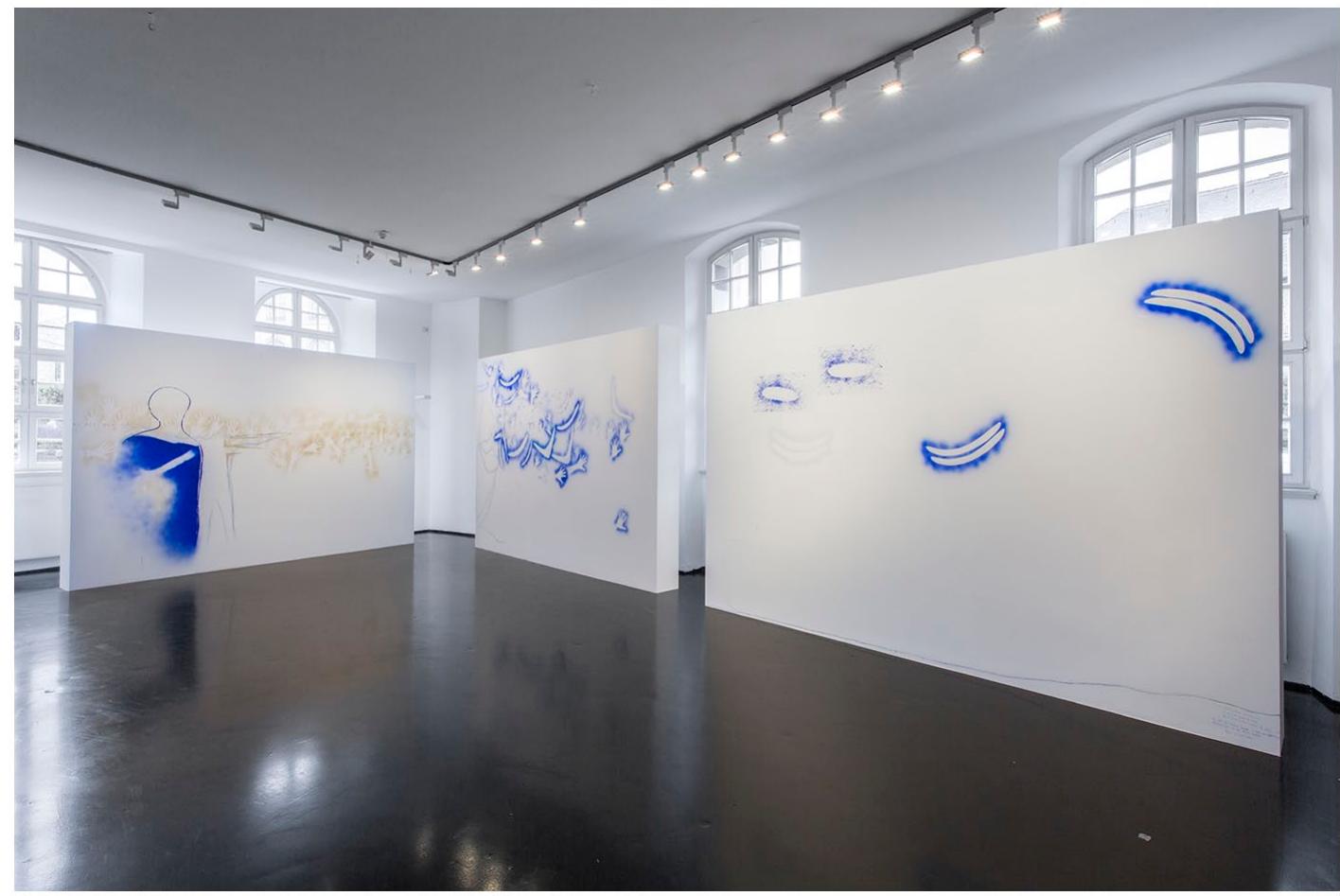 Figure 3. Dale Harding, Composite Wall Panel: Reckitt’s Blue (2017), silkscreened prints with mural prints, installation view, Naturkundemuseum im Ottoneum, Kassel, documenta 14. Photo by Roman Marz. © Dale Harding. Reproduced courtesy of the artist and Milani Gallery, Brisbane. 